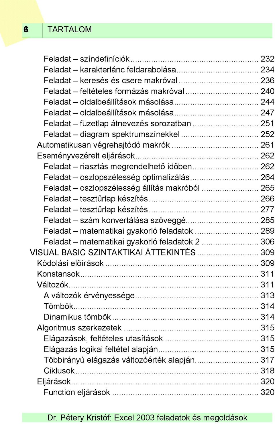 .. 262 Feladat riasztás megrendelhető időben... 262 Feladat oszlopszélesség optimalizálás... 264 Feladat oszlopszélesség állítás makróból... 265 Feladat tesztűrlap készítés.