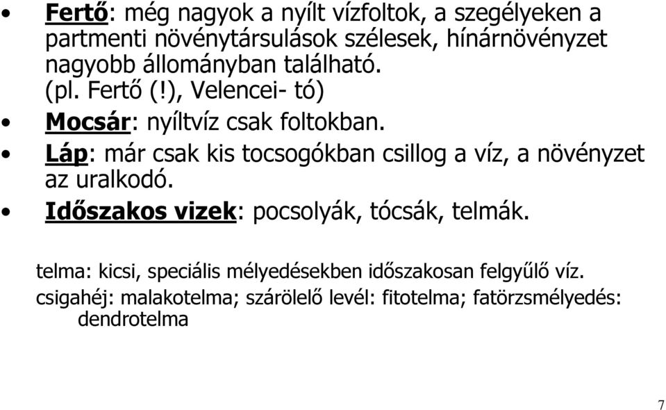 Láp: már csak kis tocsogókban csillog a víz, a növényzet az uralkodó. Időszakos vizek: pocsolyák, tócsák, telmák.