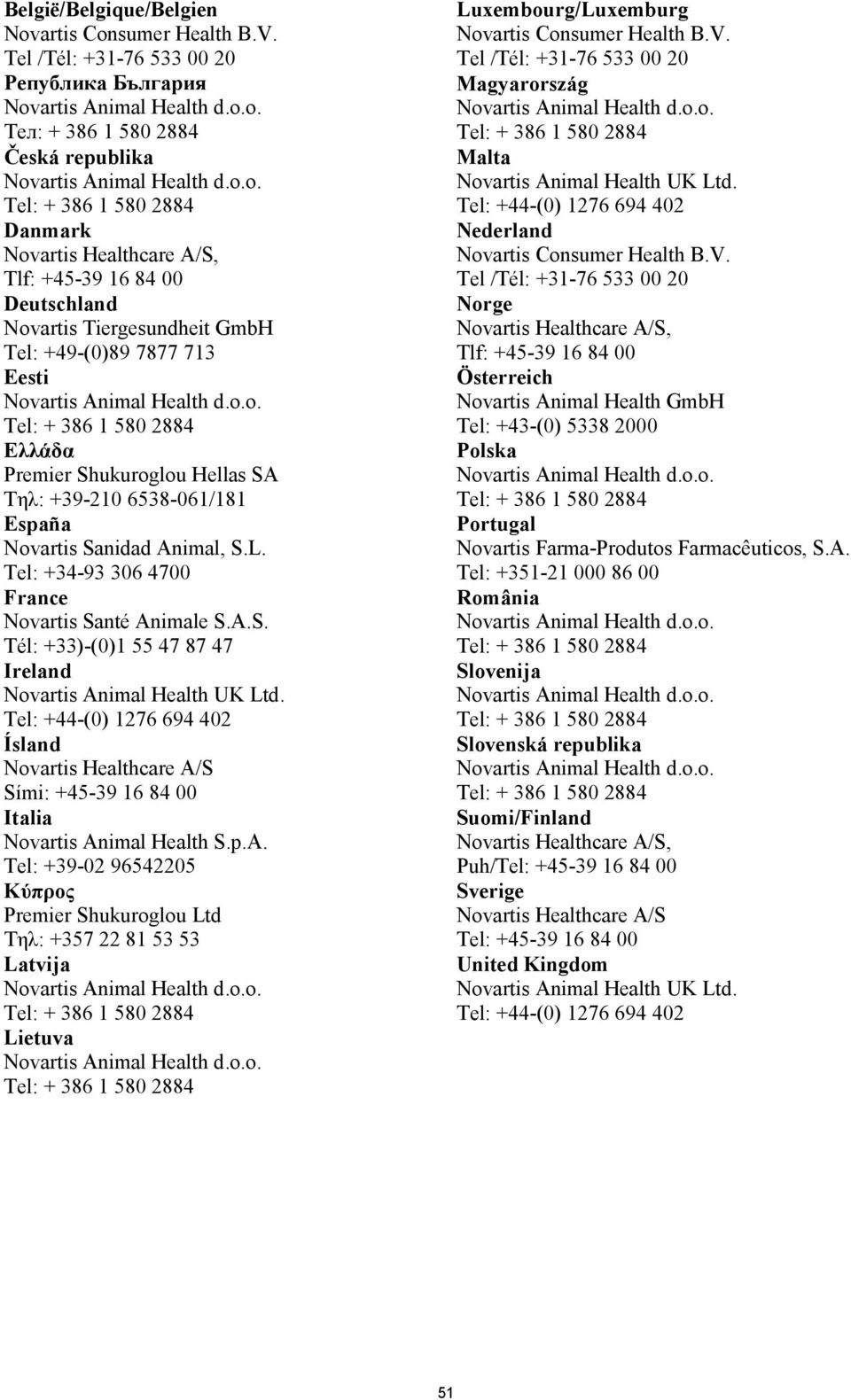 p.A. Tel: +39-02 96542205 Κύπρος Premier Shukuroglou Ltd Tηλ: +357 22 81 53 53 Latvija Lietuva Luxembourg/Luxemburg Magyarország Malta Nederland Norge Tlf: +45-39 16 84 00 Österreich Novartis Animal