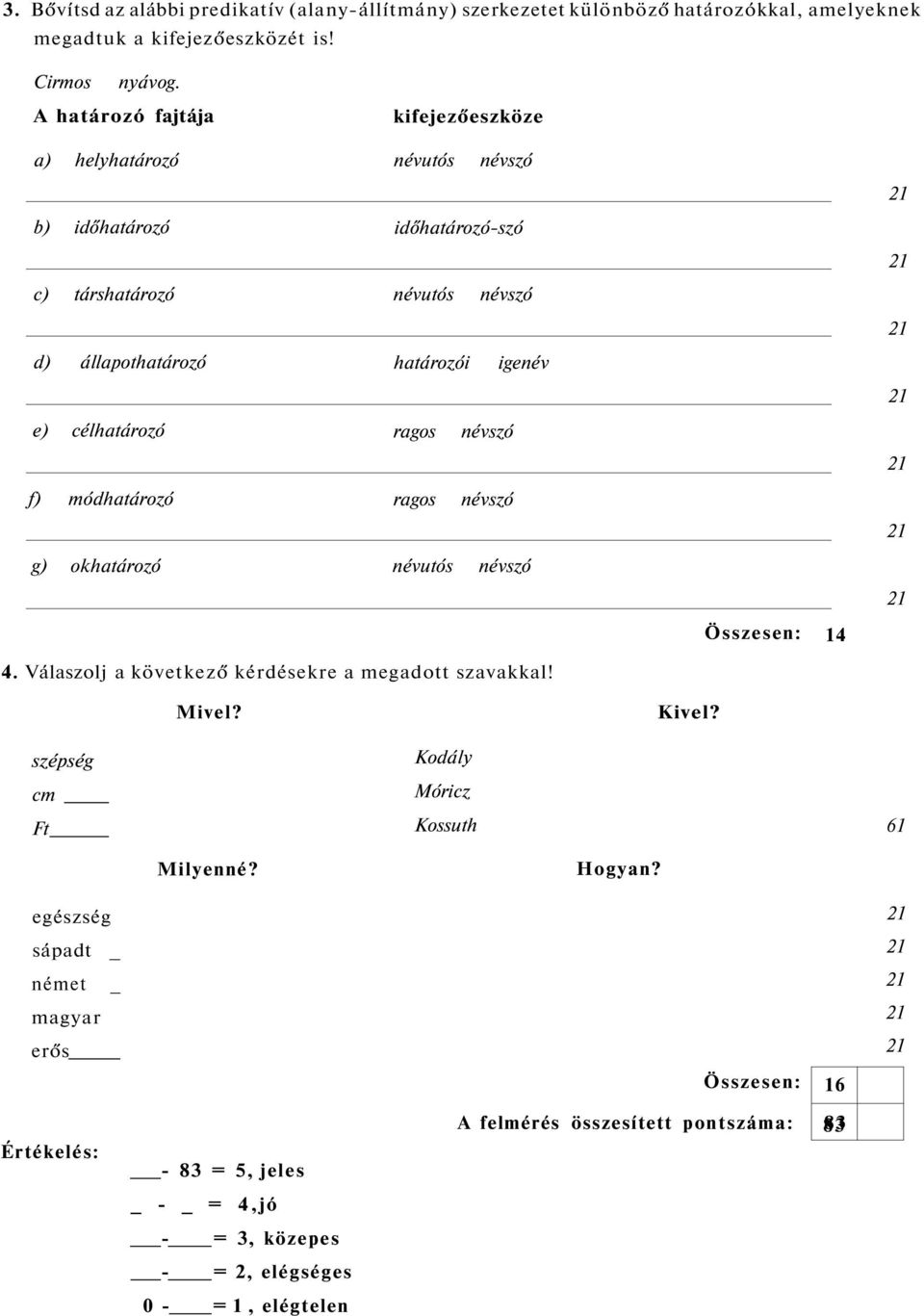célhatározó ragos névszó f) módhatározó ragos névszó g) okhatározó névutós névszó 14 4. Válaszolj a következő kérdésekre a megadott szavakkal! Mivel? Kivel?