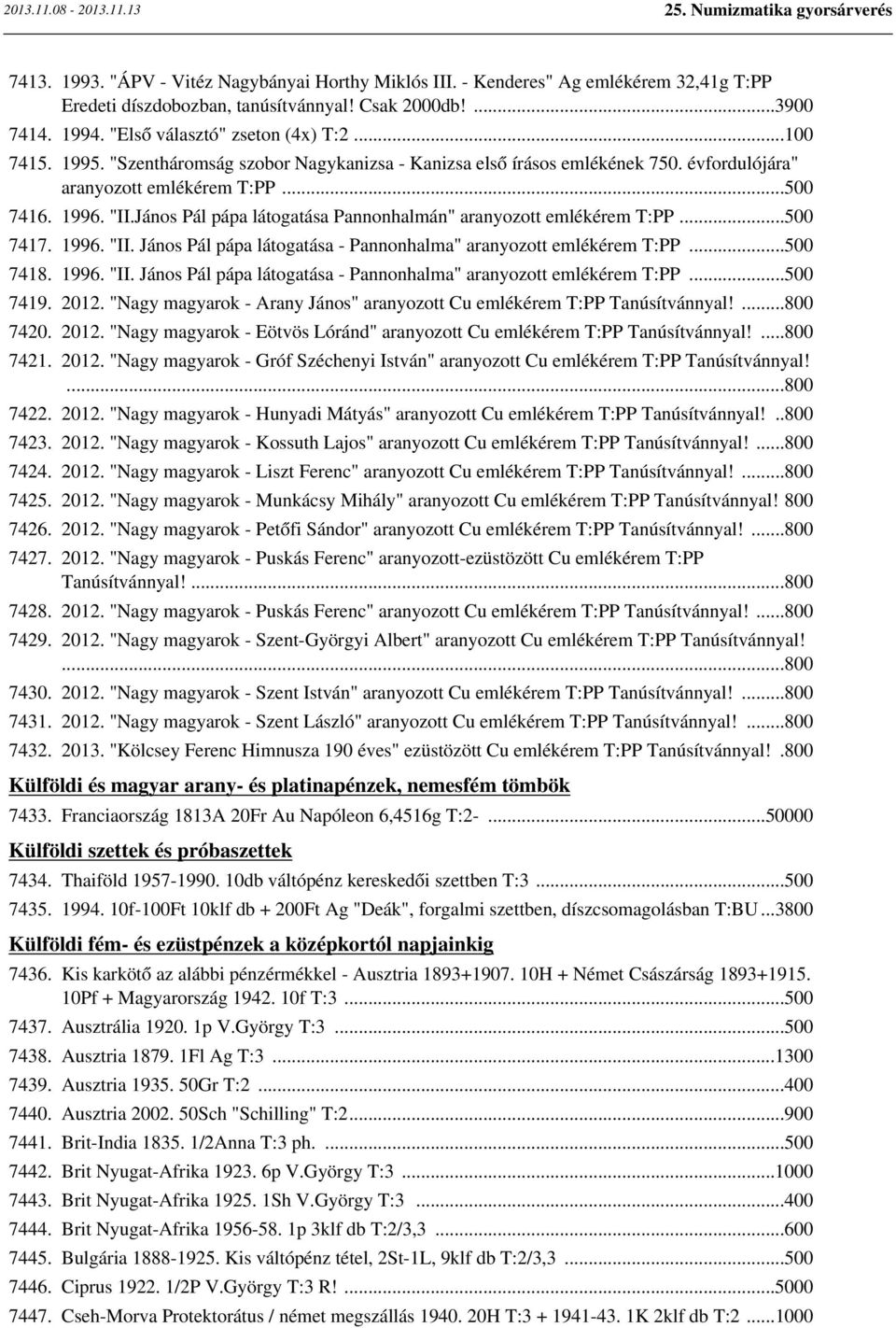 János Pál pápa látogatása Pannonhalmán" aranyozott emlékérem T:PP...500 7417. 1996. "II. János Pál pápa látogatása - Pannonhalma" aranyozott emlékérem T:PP...500 7418. 1996. "II. János Pál pápa látogatása - Pannonhalma" aranyozott emlékérem T:PP...500 7419.