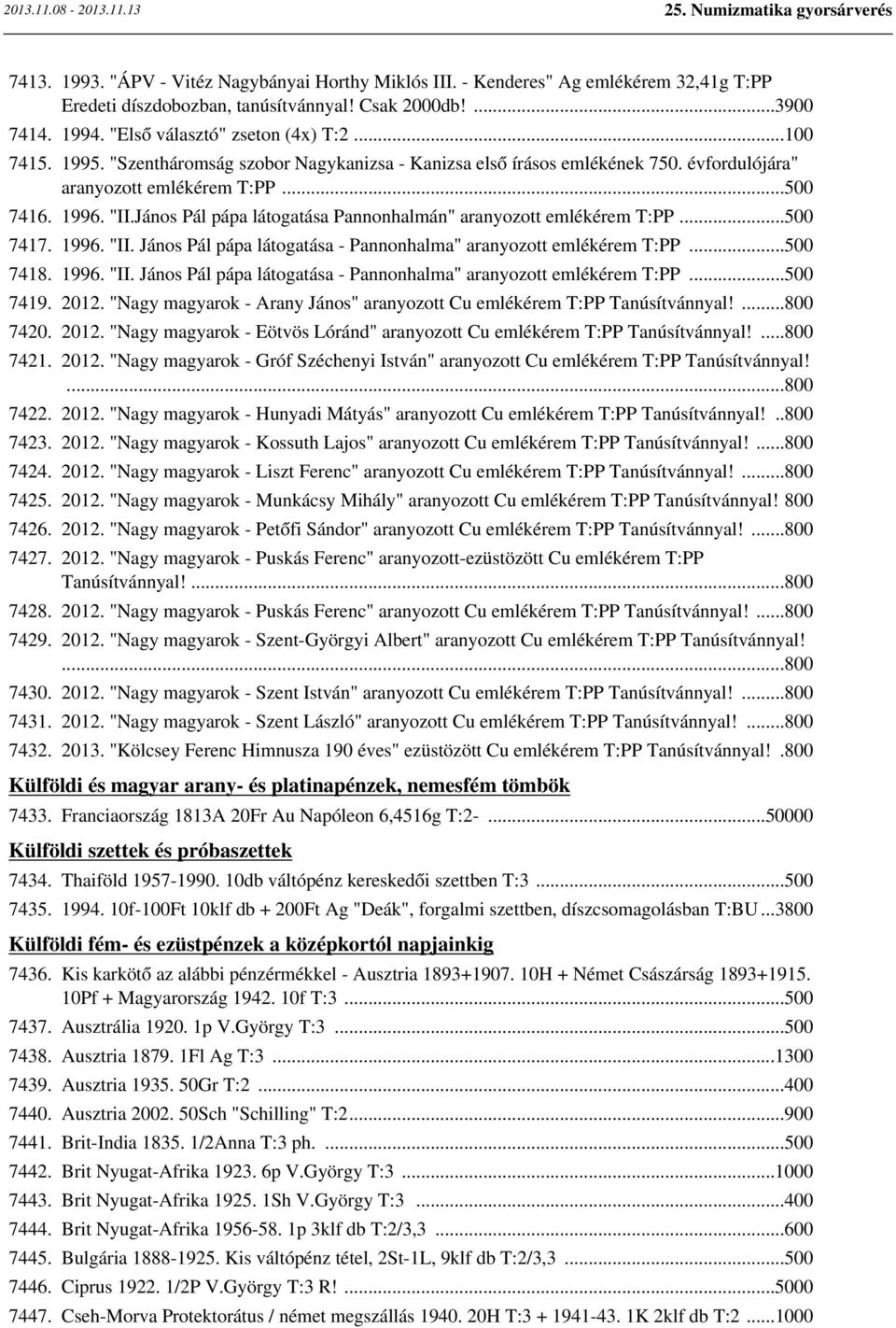 János Pál pápa látogatása Pannonhalmán" aranyozott emlékérem T:PP...500 7417. 1996. "II. János Pál pápa látogatása - Pannonhalma" aranyozott emlékérem T:PP...500 7418. 1996. "II. János Pál pápa látogatása - Pannonhalma" aranyozott emlékérem T:PP...500 7419.