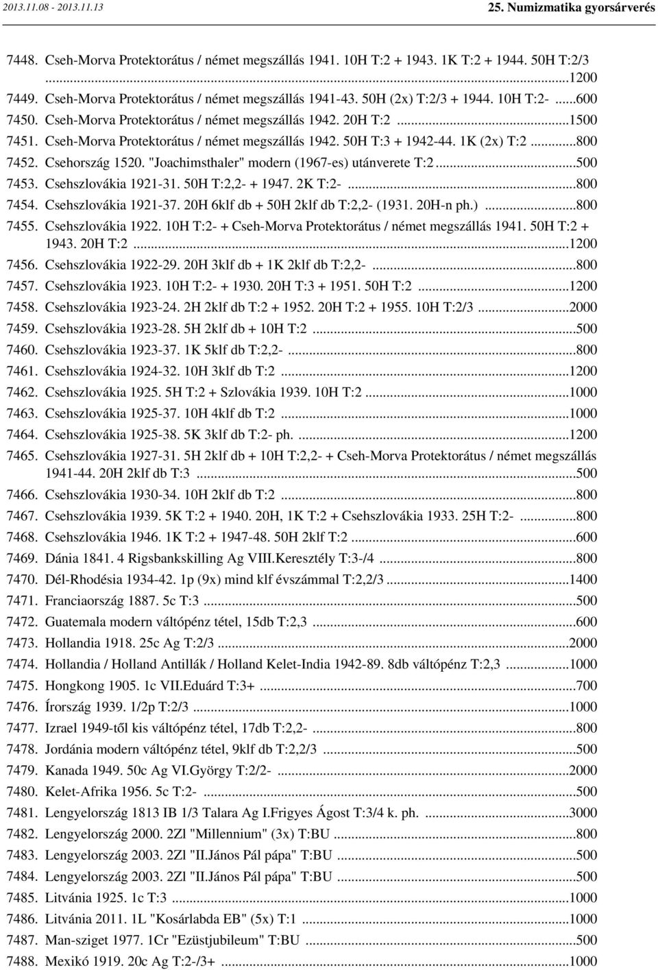 "Joachimsthaler" modern (1967-es) utánverete T:2...500 7453. Csehszlovákia 1921-31. 50H T:2,2- + 1947. 2K T:2-...800 7454. Csehszlovákia 1921-37. 20H 6klf db + 50H 2klf db T:2,2- (1931. 20H-n ph.)...800 7455.