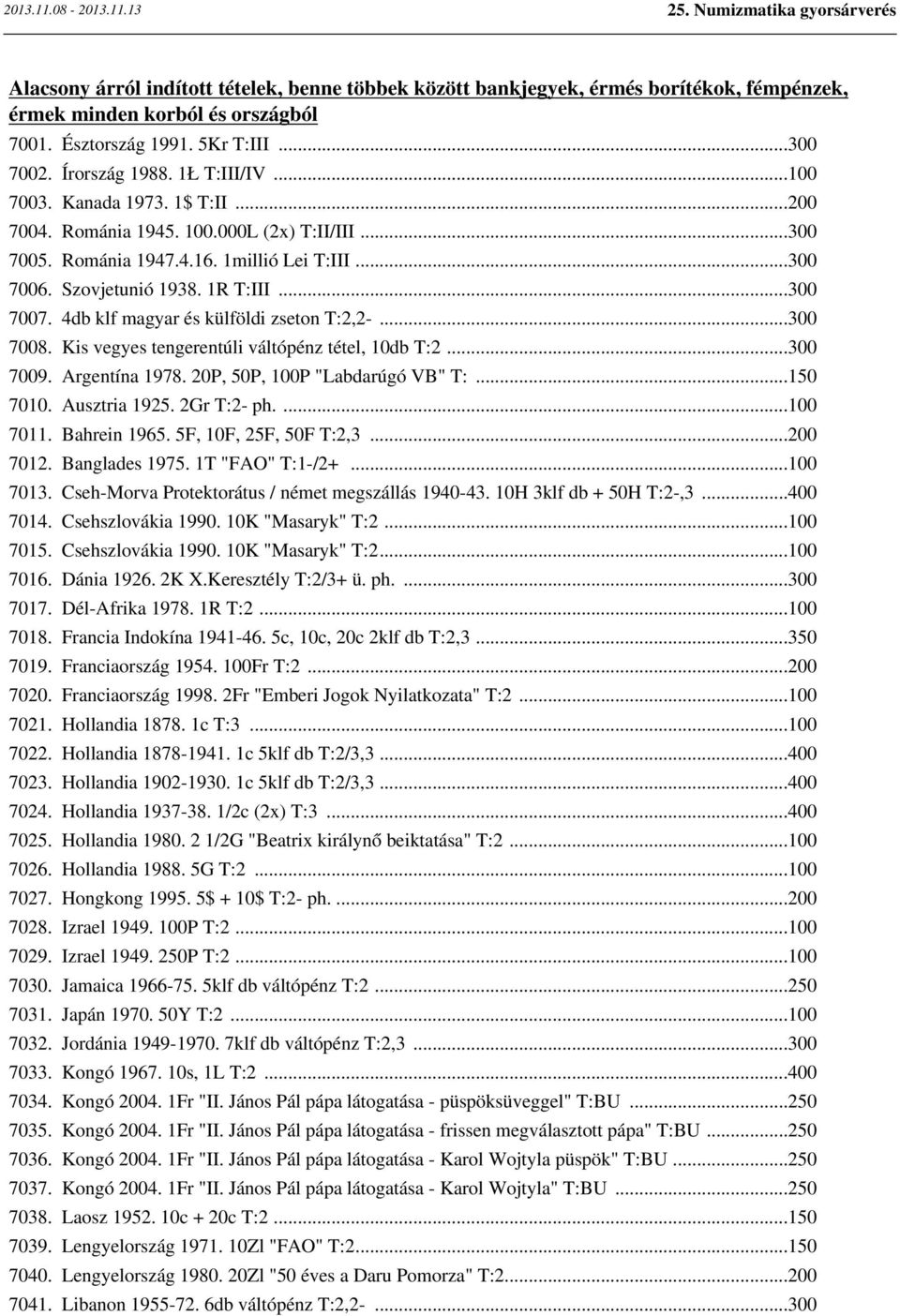 4db klf magyar és külföldi zseton T:2,2-...300 7008. Kis vegyes tengerentúli váltópénz tétel, 10db T:2...300 7009. Argentína 1978. 20P, 50P, 100P "Labdarúgó VB" T:...150 7010. Ausztria 1925.