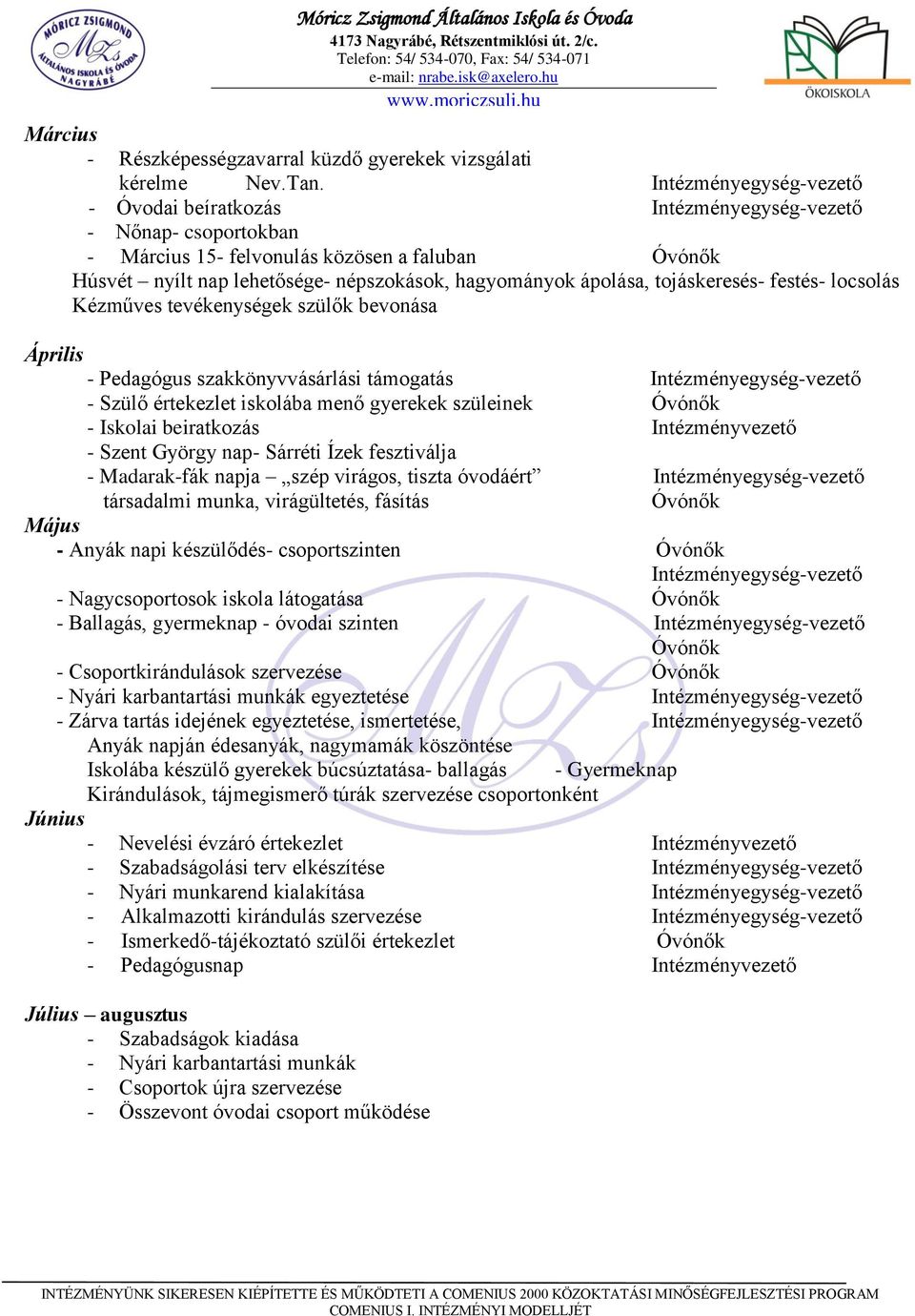 ápolása, tojáskeresés- festés- locsolás Kézműves tevékenységek szülők bevonása Április - Pedagógus szakkönyvvásárlási támogatás Intézményegység-vezető - Szülő értekezlet iskolába menő gyerekek