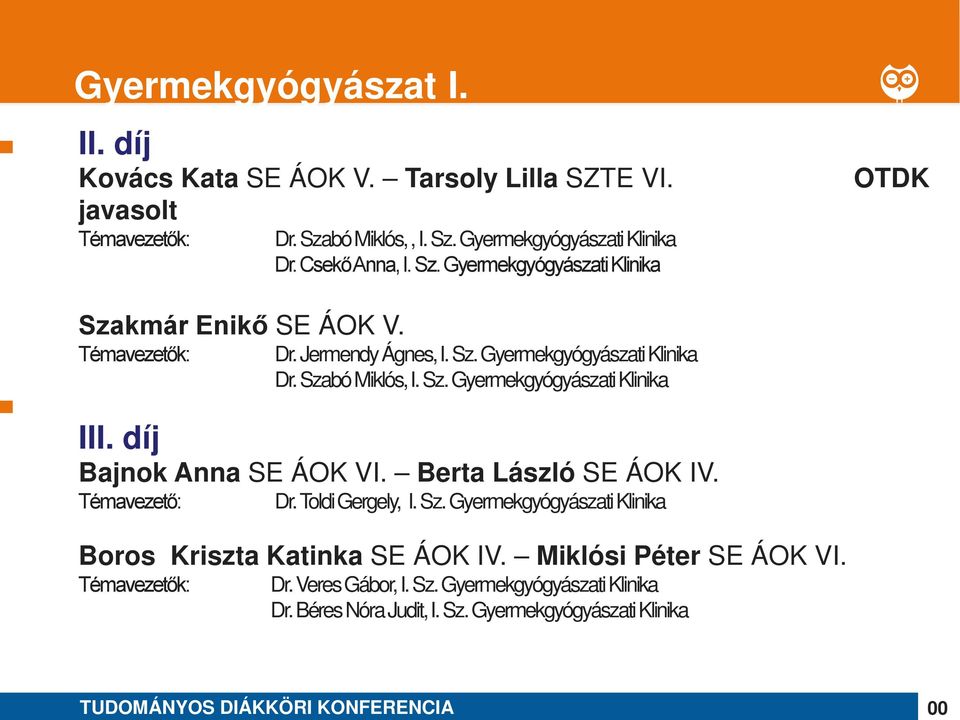 Szabó Miklós, I. Sz. Gyermekgyógyászati Klinika Bajnok Anna SE ÁOK VI. Berta László SE ÁOK IV. Dr. Toldi Gergely, I. Sz. Gyermekgyógyászati Klinika Boros Kriszta Katinka SE ÁOK IV.