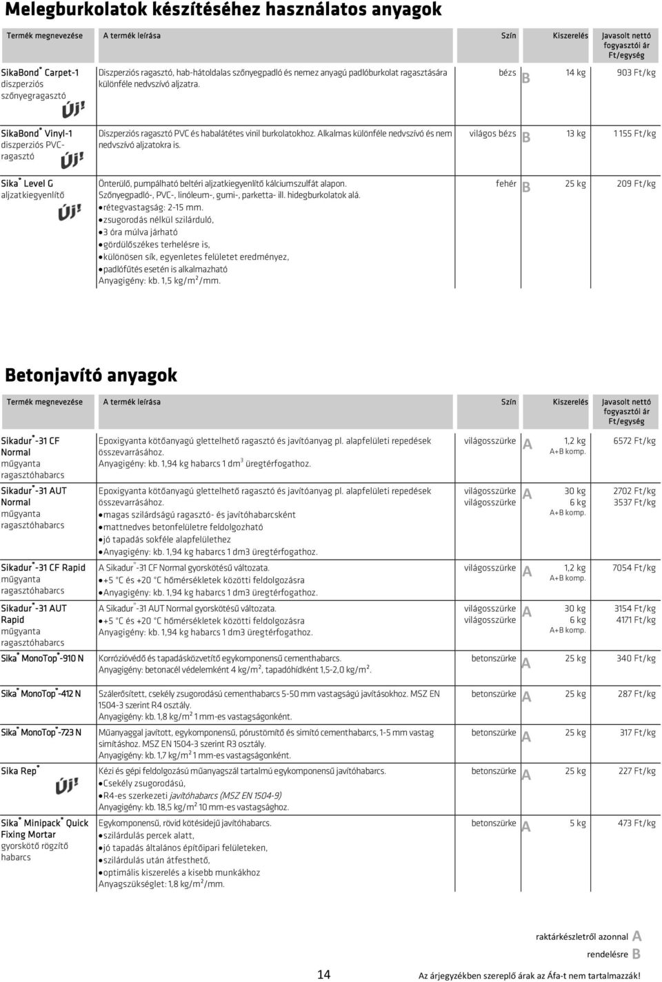 bézs 14 kg 903 Ft/kg Sikaond Vinyl-1 diszperziós PVCragasztó Sika Level G aljzatkiegyenlítő Diszperziós ragasztó PVC és habalátétes vinil burkolatokhoz.