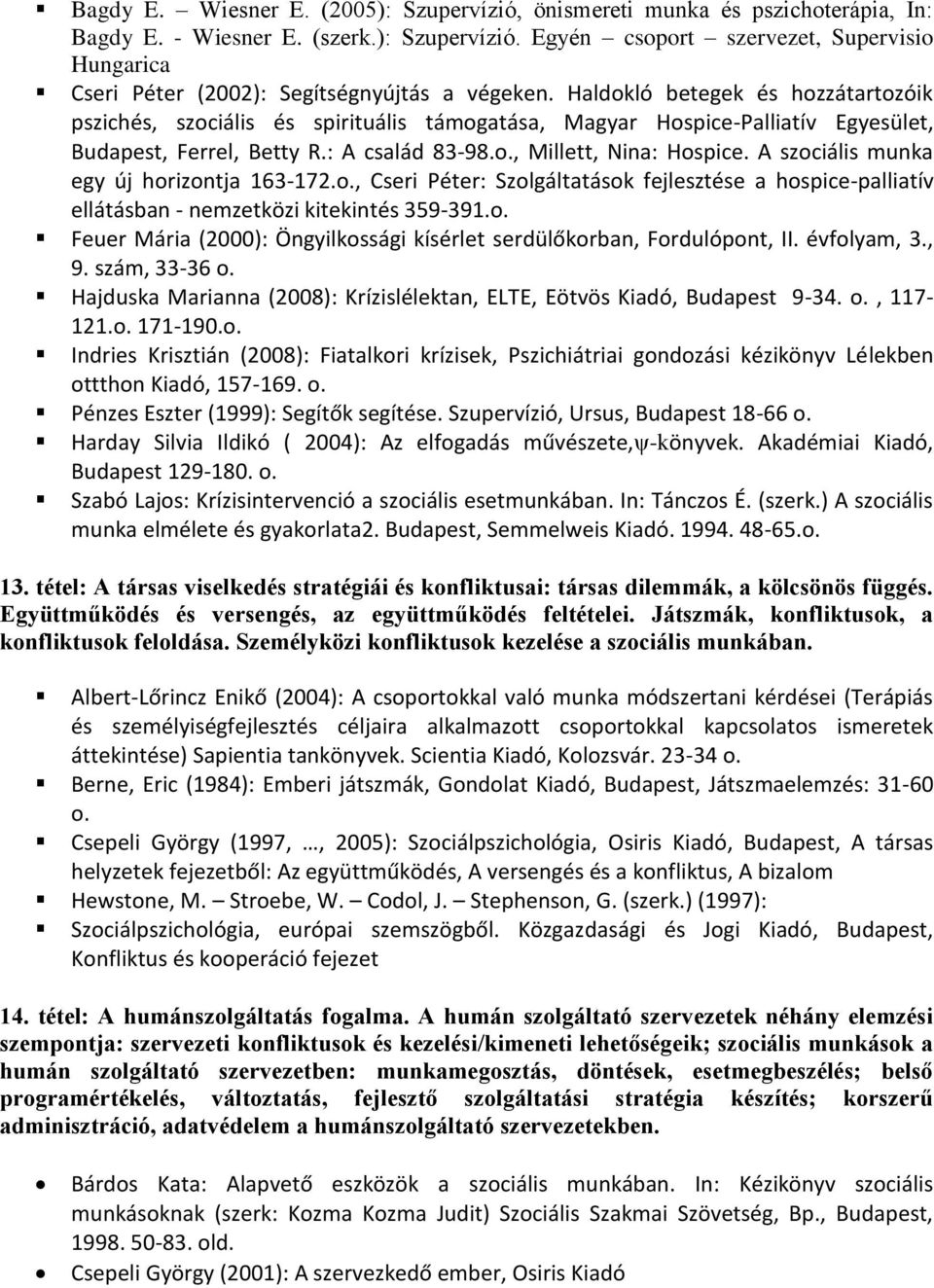 A szociális munka egy új horizontja 163-172.o., Cseri Péter: Szolgáltatások fejlesztése a hospice-palliatív ellátásban - nemzetközi kitekintés 359-391.o. Feuer Mária (2000): Öngyilkossági kísérlet serdülőkorban, Fordulópont, II.