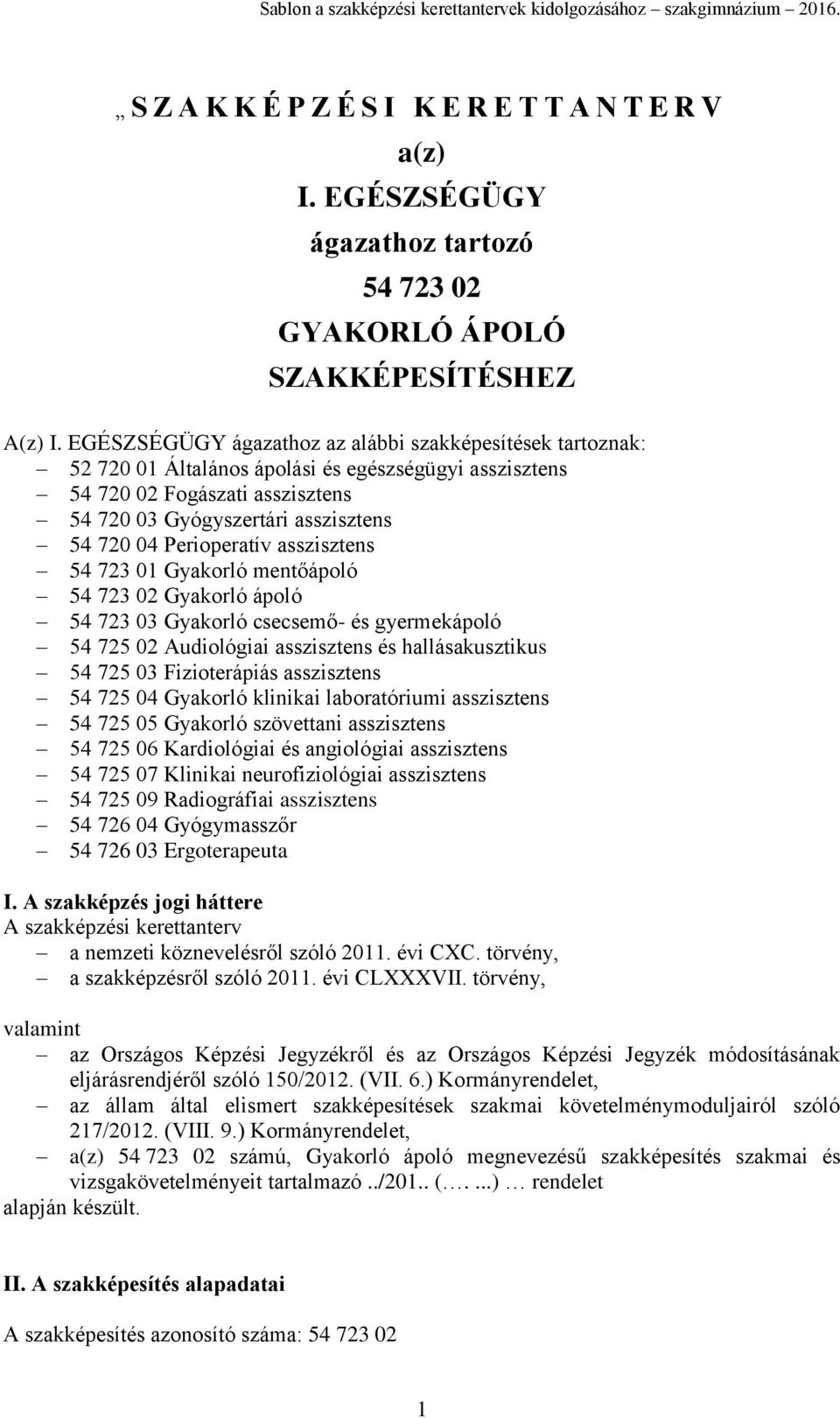 Perioperatív asszisztens 54 723 01 Gyakorló mentőápoló 54 723 02 Gyakorló ápoló 54 723 03 Gyakorló csecsemő- és gyermekápoló 54 725 02 Audiológiai asszisztens és hallásakusztikus 54 725 03