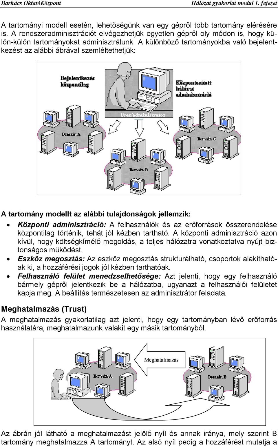 A különböző tartományokba való bejelentkezést az alábbi ábrával szemléltethetjük: A tartomány modellt az alábbi tulajdonságok jellemzik: Központi adminisztráció: A felhasználók és az erőforrások
