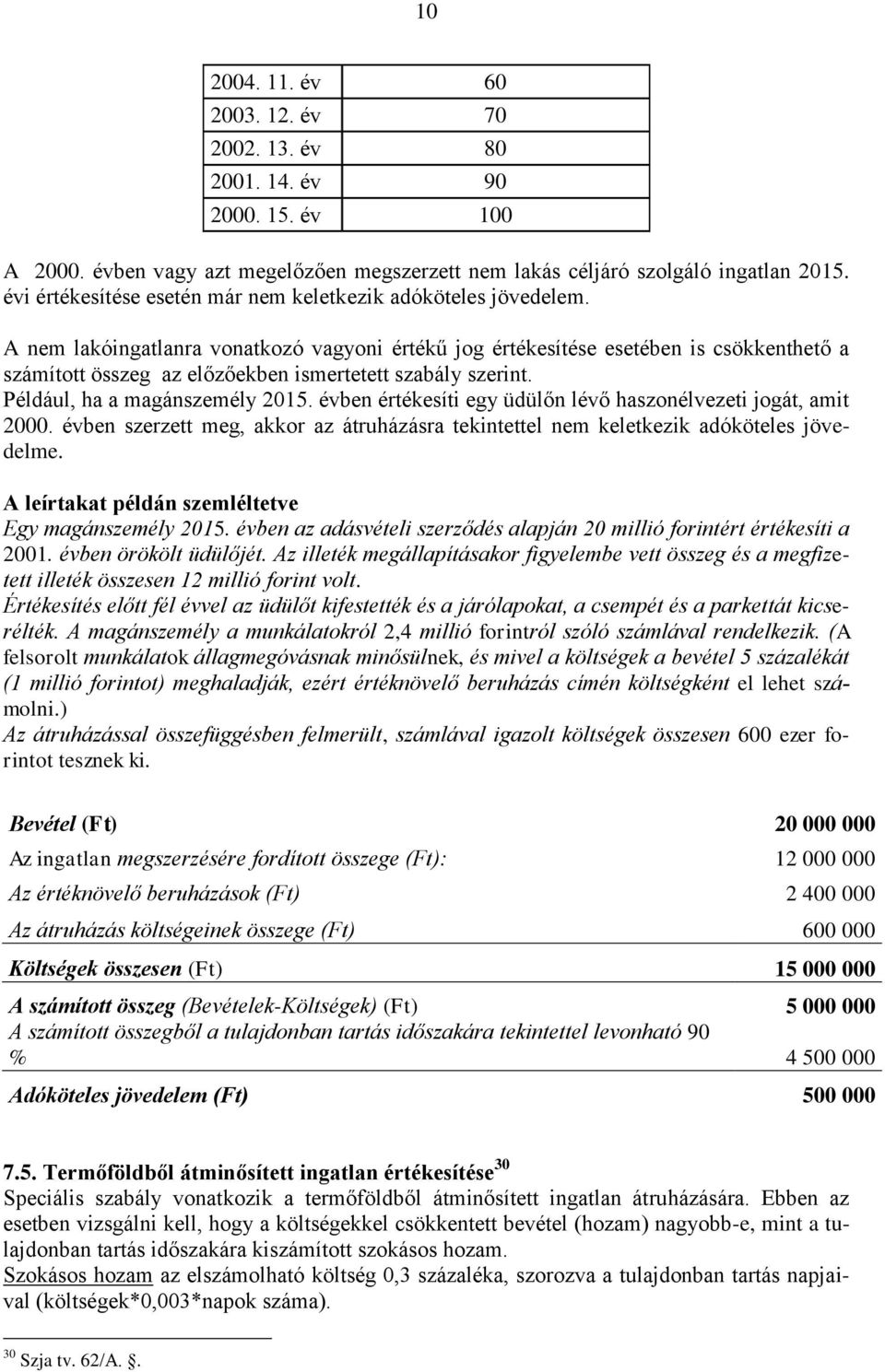 A nem lakóingatlanra vonatkozó vagyoni értékű jog értékesítése esetében is csökkenthető a számított összeg az előzőekben ismertetett szabály szerint. Például, ha a magánszemély 2015.