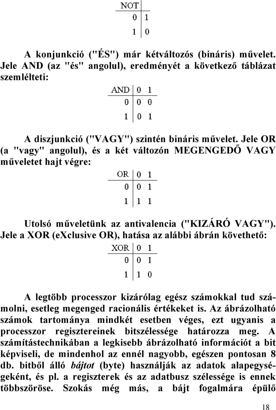 Jele a XOR (exclusive OR), hatása az alábbi ábrán követhető: A legtöbb processzor kizárólag egész számokkal tud számolni, esetleg megenged racionális értékeket is.