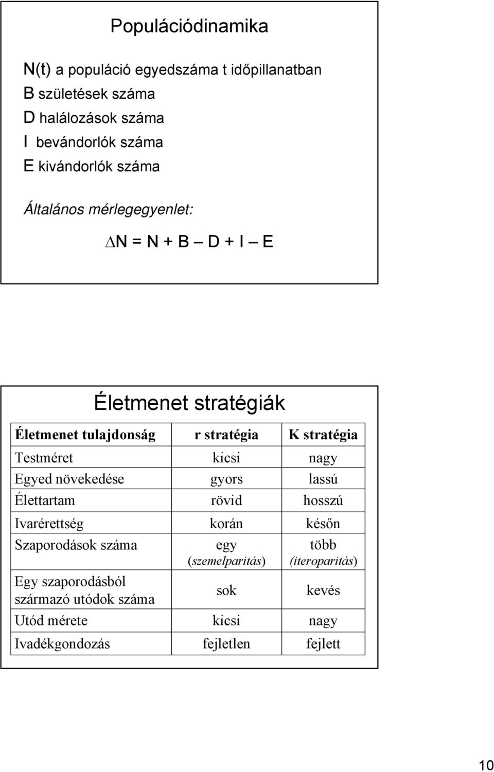 növekedése Élettartam Ivarérettség Szaporodások száma Egy szaporodásból származó utódok száma Utód mérete Ivadékgondozás r