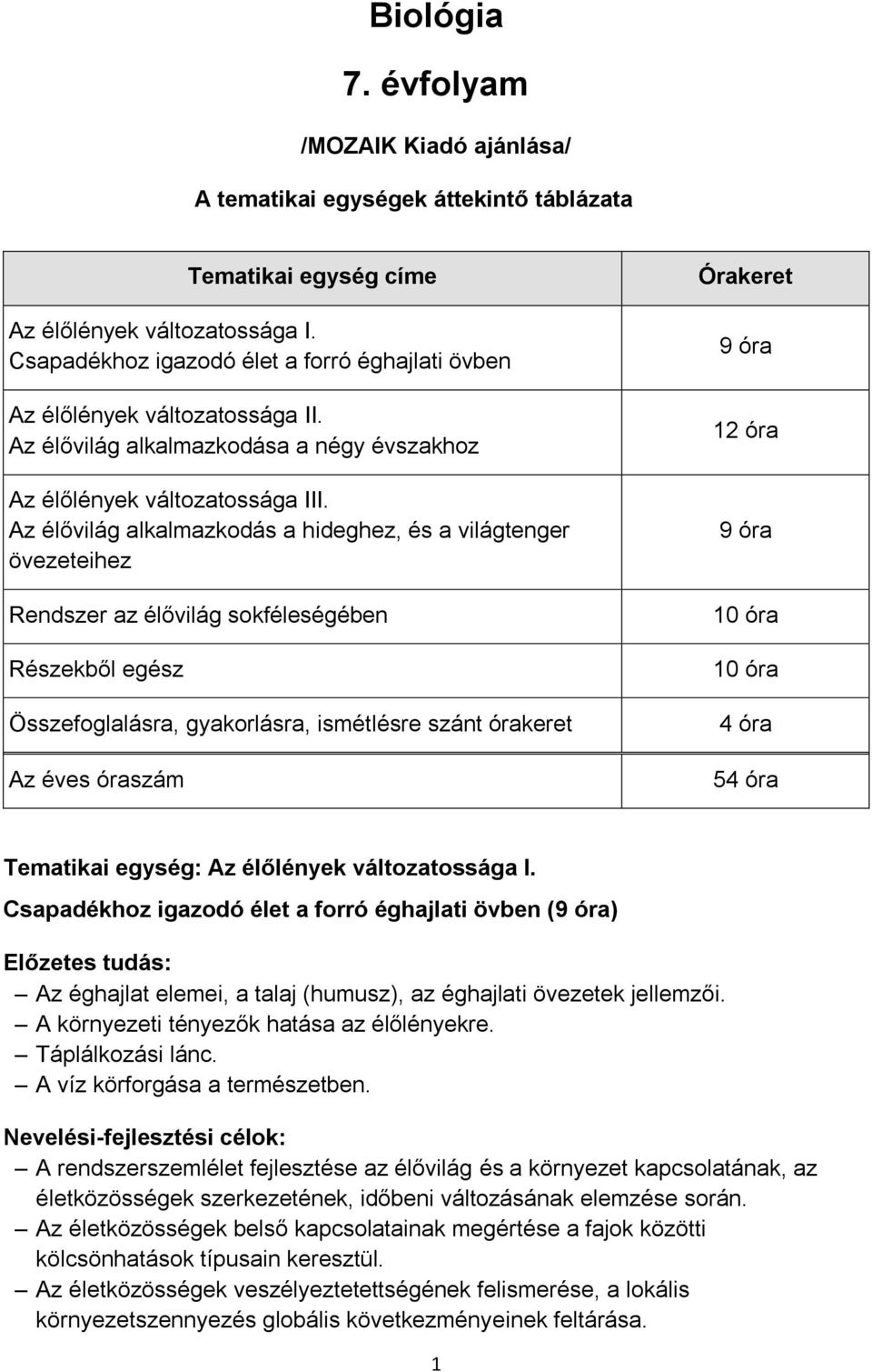 Az élővilág alkalmazkodás a hideghez, és a világtenger övezeteihez Rendszer az élővilág sokféleségében Részekből egész Összefoglalásra, gyakorlásra, ismétlésre szánt órakeret Az éves óraszám Órakeret