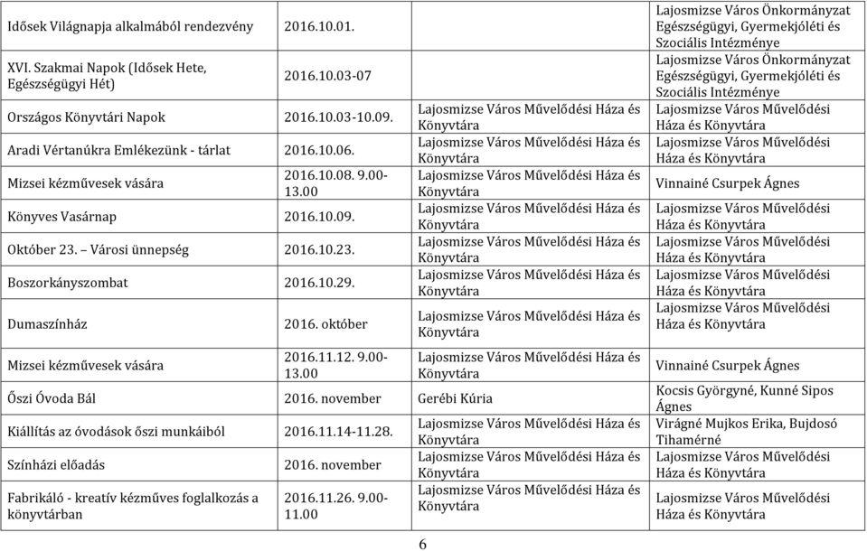 12. 9.00- Őszi Bál 2016. november Gerébi Kúria Kiállítás az óvodások őszi munkáiból 2016.11.14-11.28. Színházi előadás Fabrikáló - kreatív kézműves foglalkozás a 2016. november 2016.11.26. 9.00-11.