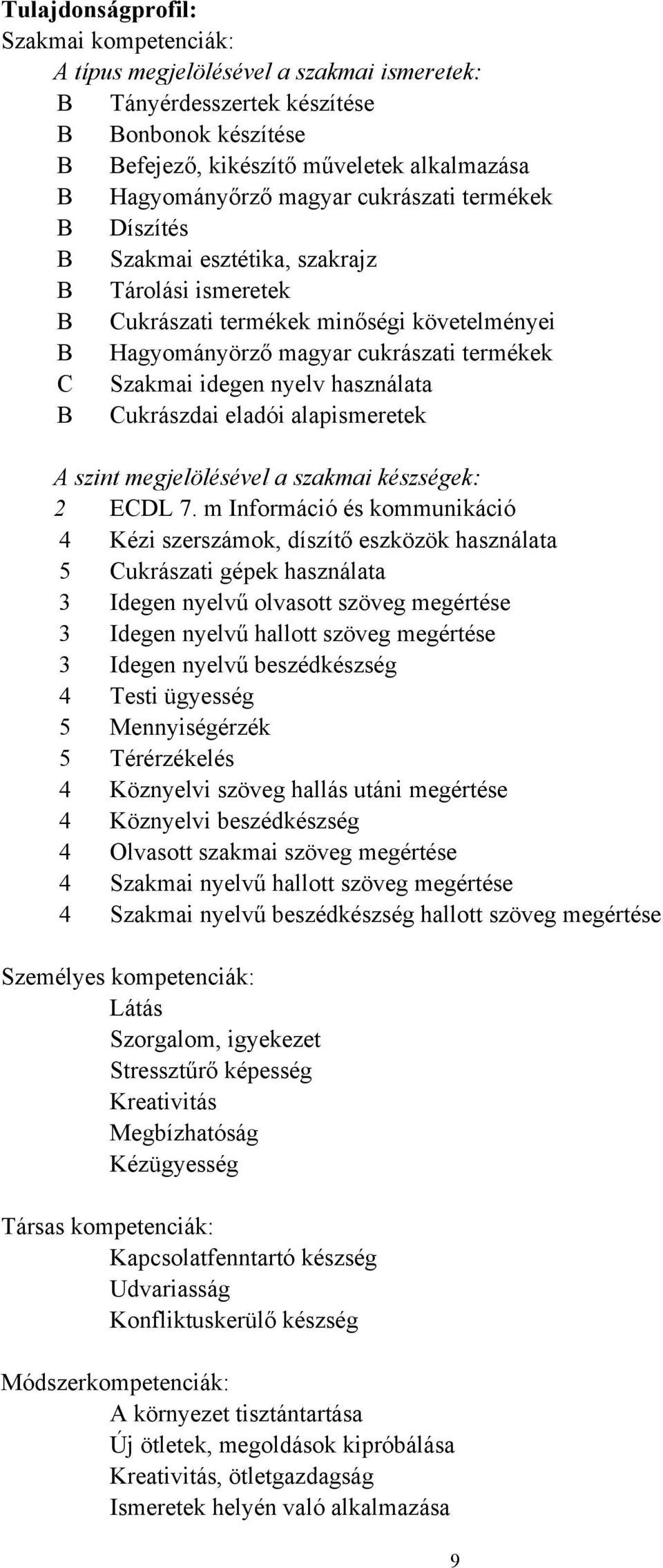 használata B Cukrászdai eladói alapismeretek A szint megjelölésével a szakmai készségek: 2 ECDL 7.