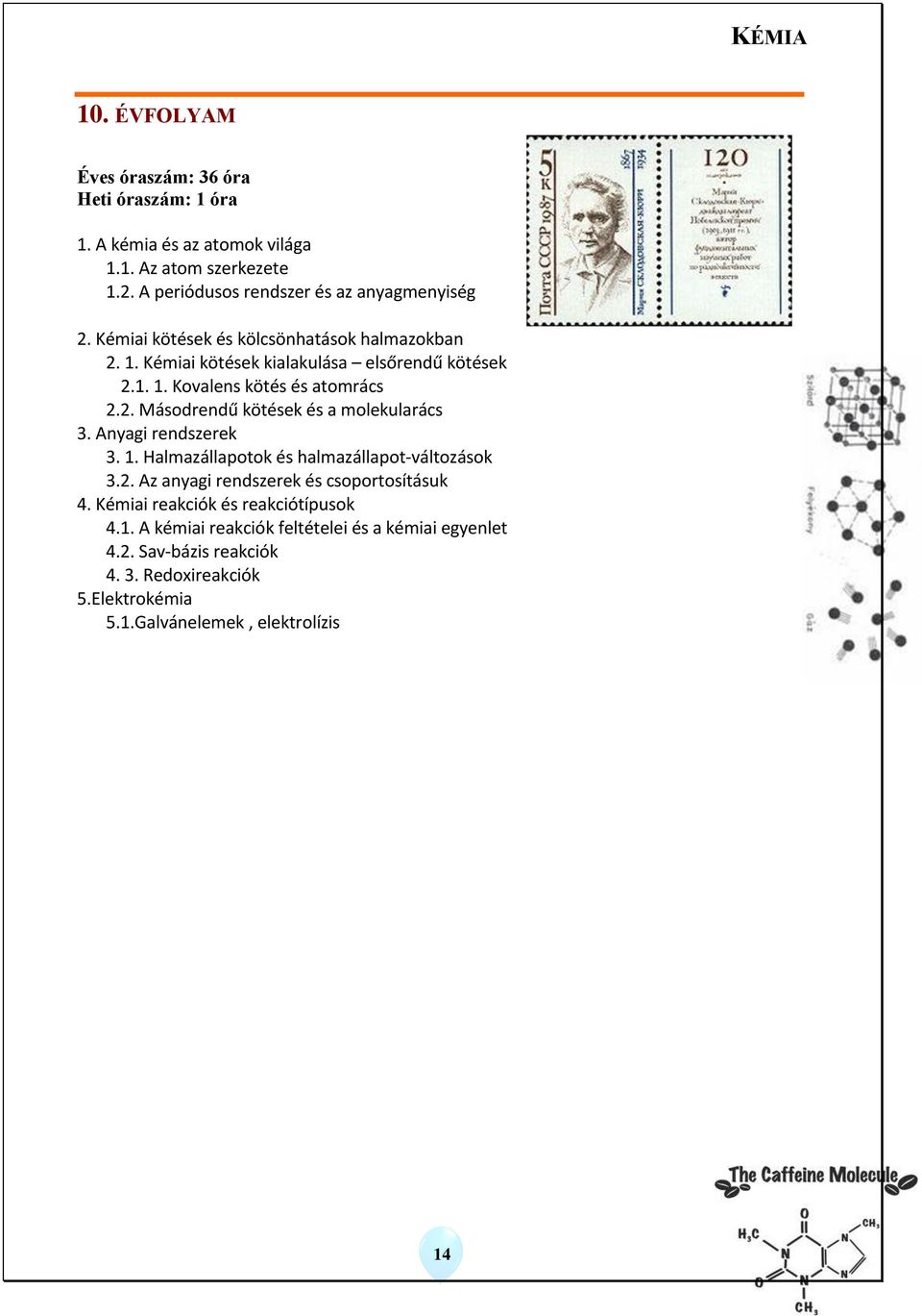 Anyagi rendszerek 3. 1. Halmazállapotok és halmazállapot-változások 3.2. Az anyagi rendszerek és csoportosításuk 4. Kémiai reakciók és reakciótípusok 4.1. A kémiai reakciók feltételei és a kémiai egyenlet 4.