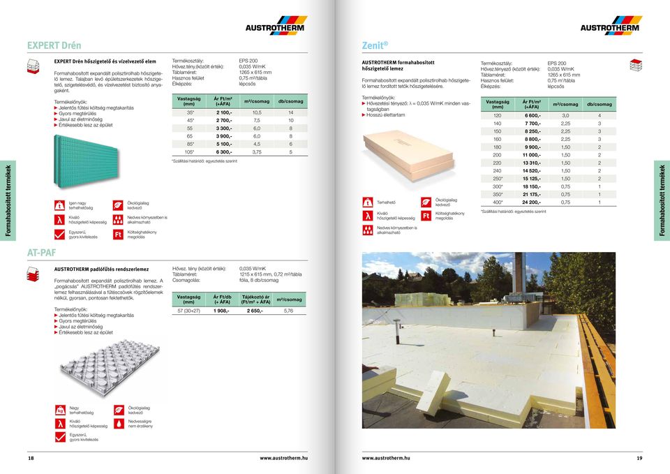 (közölt érték): 0,035 W/mK 1265 x 615 mm Hasznos felület Élképzés: lépcsős 35* 2 100,- 10,5 14 45* 2 700,- 7,5 10 55 3 300,- 6,0 8 65 3 900,- 6,0 8 85* 5 100,- 4,5 6 105* 6 300,- 3,75 5 AUSTROTHERM