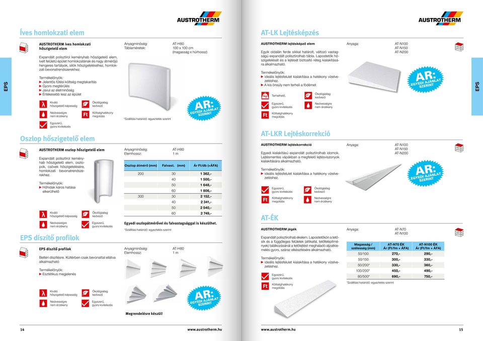 Anyagminőség: Táblaméretek: AT-H80 100 x 100 cm (magasság x húrhossz) AUSTROTHERM lejtésképző elem Egyik oldalán ferde síkkal határolt, változó vastagságú expandált polisztirolhab tábla.