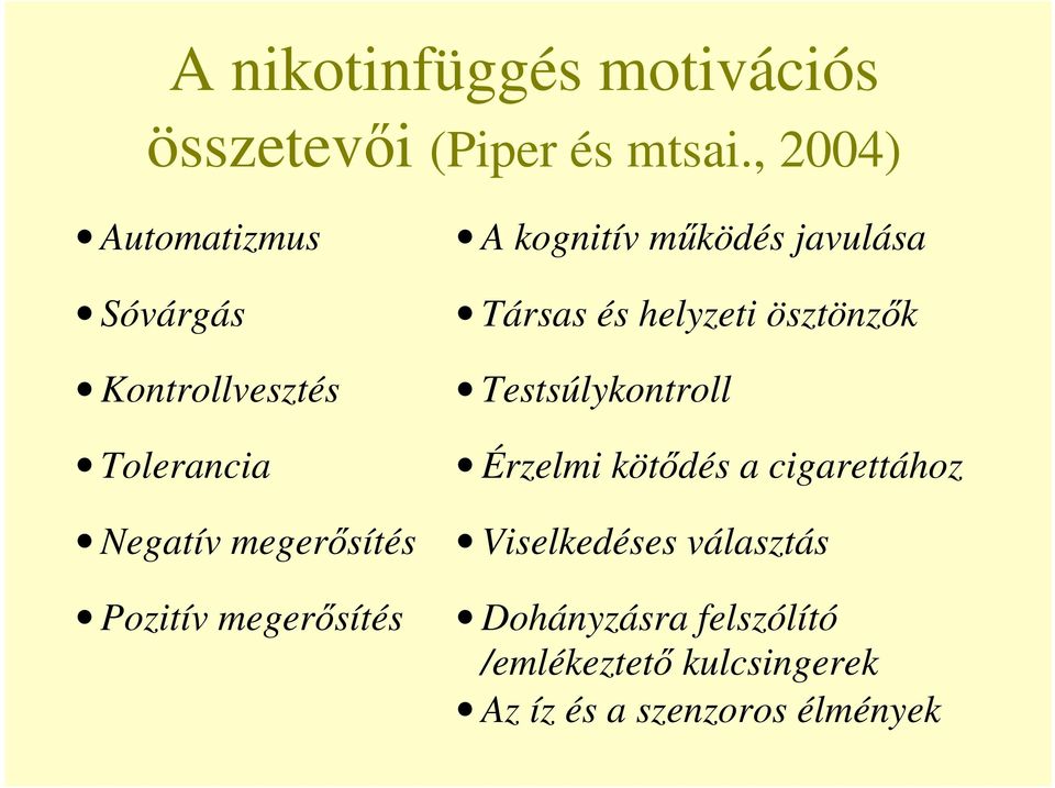 megerısítés A kognitív mőködés javulása Társas és helyzeti ösztönzık Testsúlykontroll