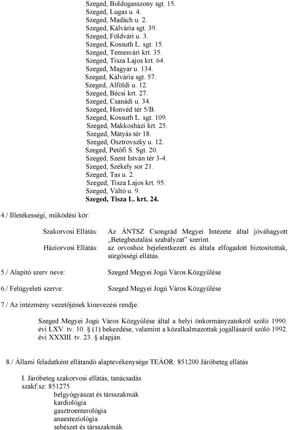 Szeged, Makkosházi krt. 25. Szeged, Mátyás tér 18. Szeged, Osztrovszky u. 12. Szeged, Petőfi S. Sgt. 20. Szeged, Szent István tér 3-4. Szeged, Székely sor 21. Szeged, Tas u. 2. Szeged, Tisza Lajos krt.