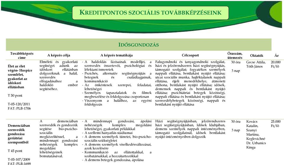 - A haldoklás fázisainak modelljei, a szenvedés összetevői, pszichológiai és lélektani ismeretek - Pszichés, alternatív segítségnyújtás a betegnek és családtagjainak, kommunikáció - Az önkéntesek