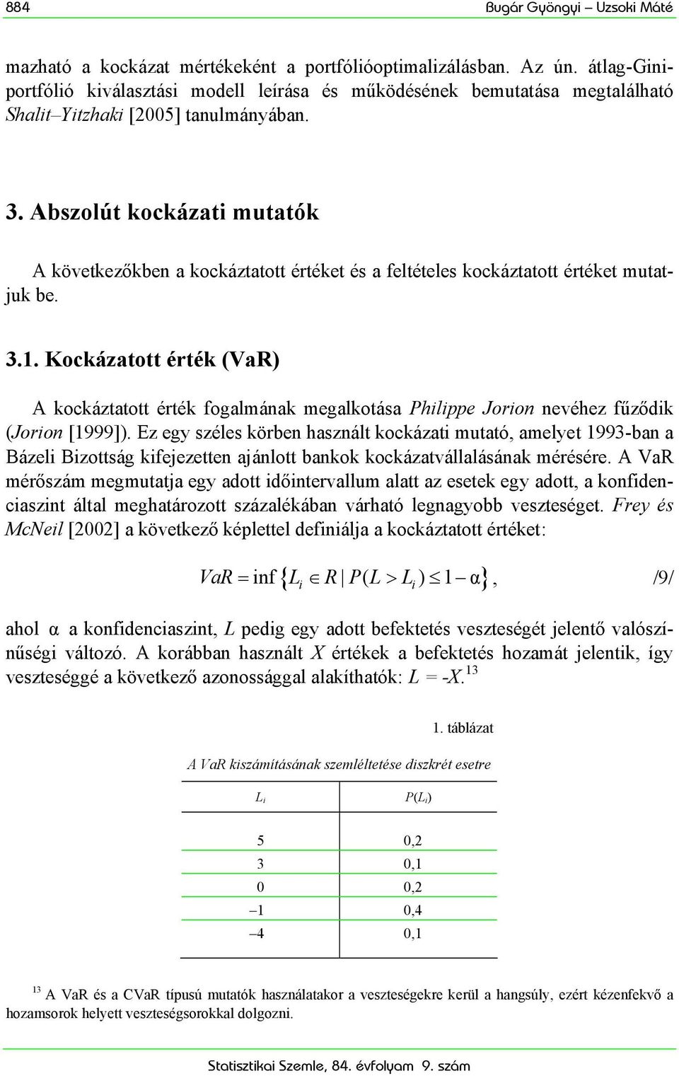 Abszolút kockázati mutatók A következőkben a kockáztatott értéket és a feltételes kockáztatott értéket mutatjuk be. 3.1.