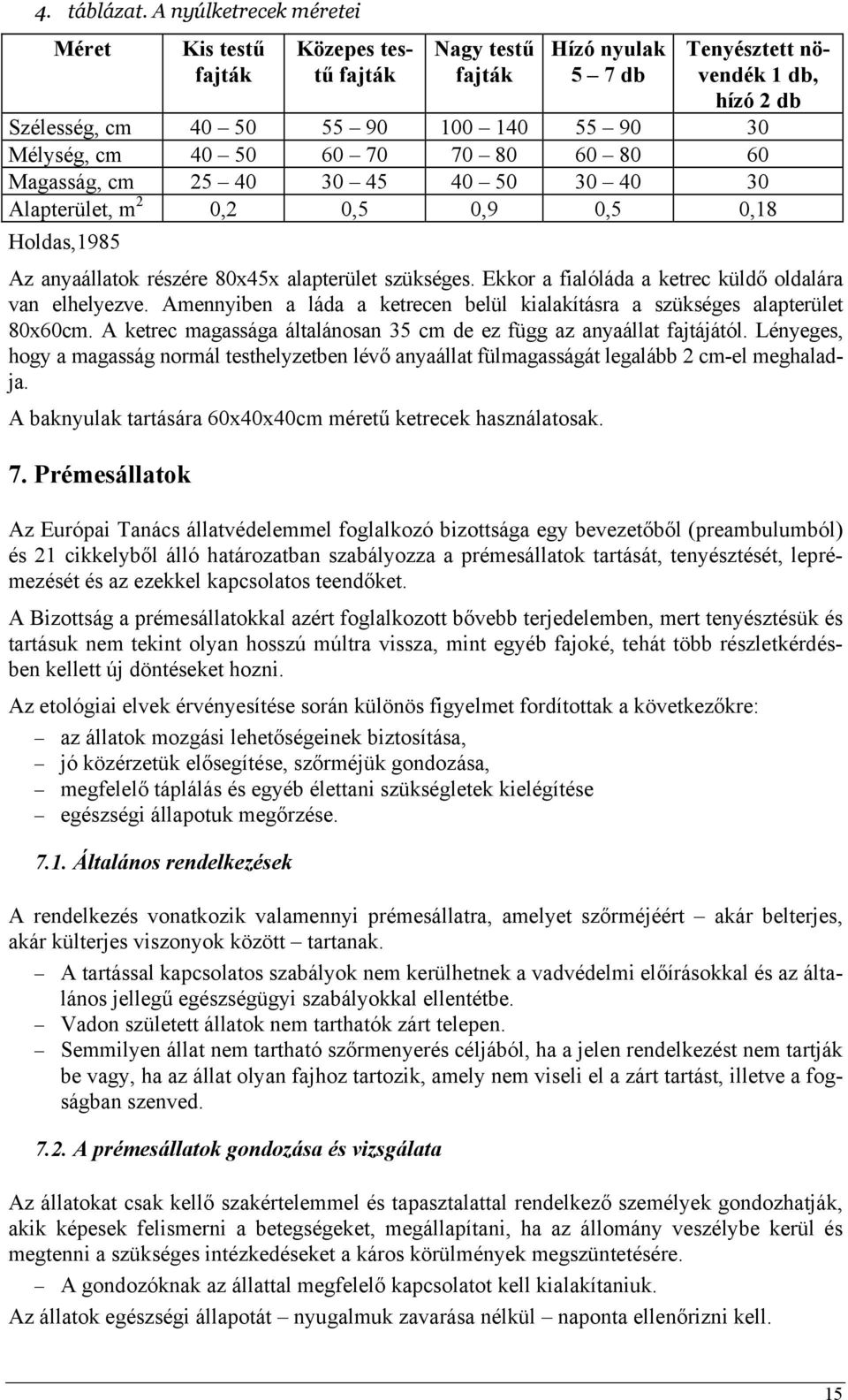 50 60 70 70 80 60 80 60 Magasság, cm 25 40 30 45 40 50 30 40 30 Alapterület, m 2 0,2 0,5 0,9 0,5 0,18 Holdas,1985 Az anyaállatok részére 80x45x alapterület szükséges.