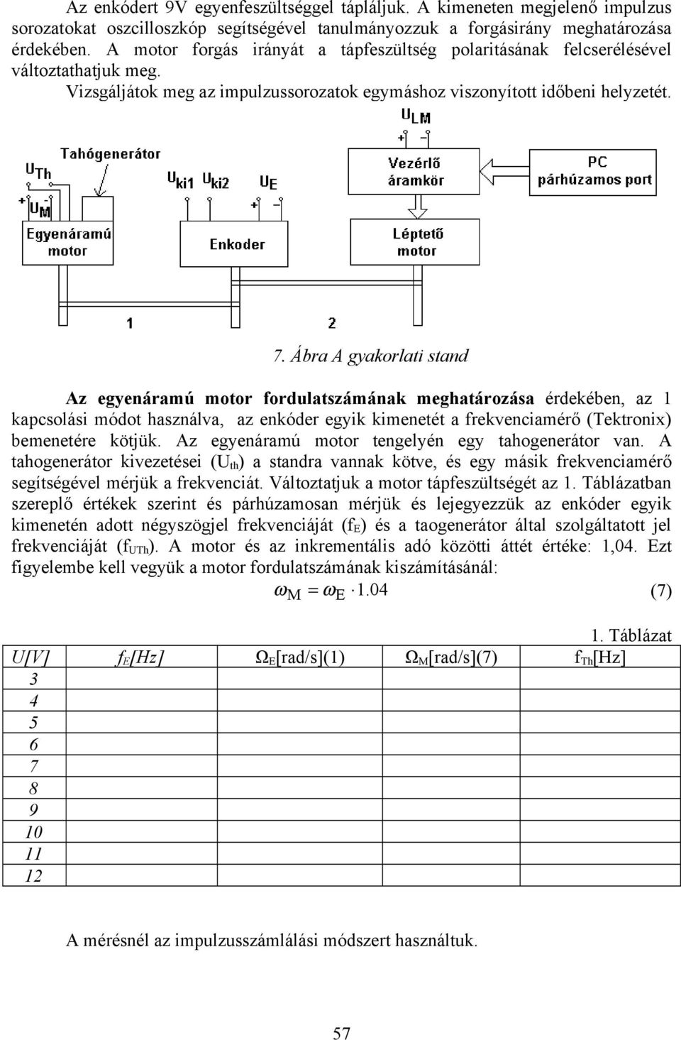 Ábra A gyakorlati stand Az egyenáramú motor fordulatszámának meghatározása érdekében, az 1 kapcsolási módot használva, az enkóder egyik kimenetét a frekvenciamérő (Tektronix) bemenetére kötjük.