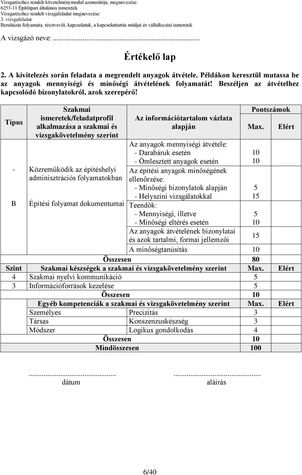 Típus - B Szakmai ismeretek/feladatprofil alkalmazása a szakmai és vizsgakövetelmény szerint Közreműködik az építéshelyi adminisztrációs folyamatokban Építési folyamat dokumentumai alapján Az anyagok