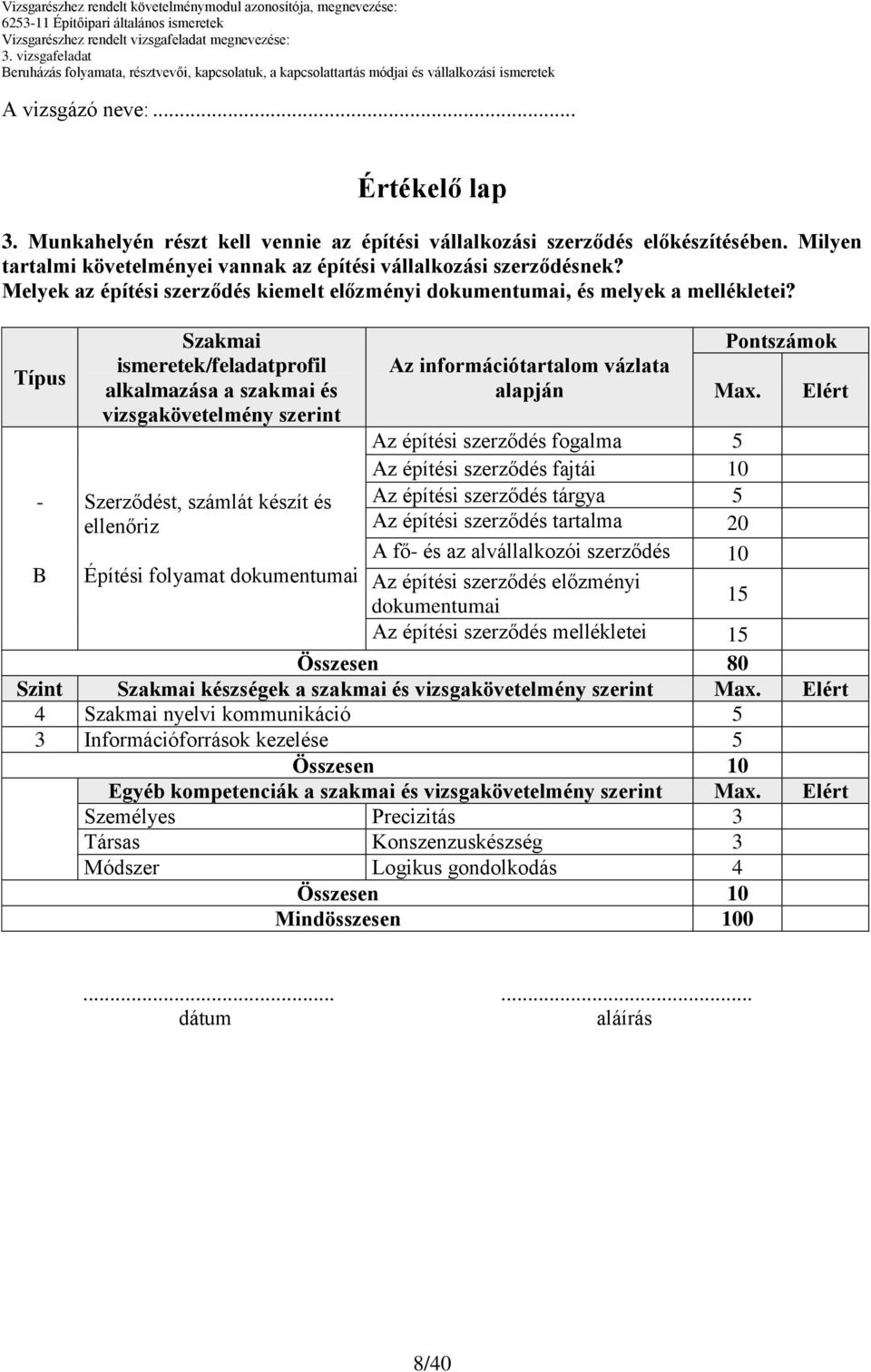 Típus - B Szakmai ismeretek/feladatprofil alkalmazása a szakmai és vizsgakövetelmény szerint Szerződést, számlát készít és ellenőriz Építési folyamat dokumentumai alapján Pontszámok Max.