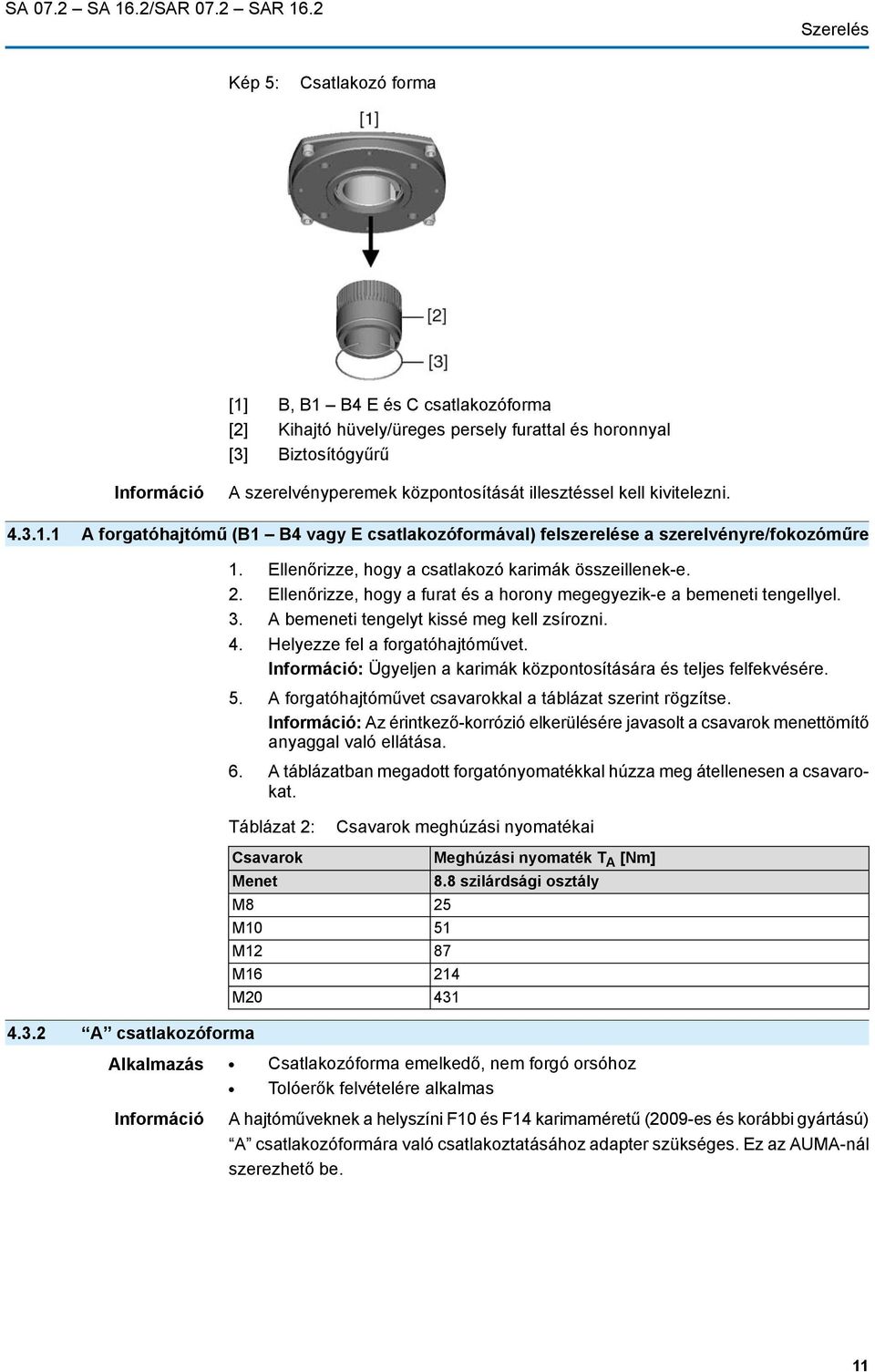 illesztéssel kell kivitelezni. 4.3.1.1 A forgatóhajtómű (B1 B4 vagy E csatlakozóformával) felszerelése a szerelvényre/fokozóműre 1. Ellenőrizze, hogy a csatlakozó karimák összeillenek-e. 2.