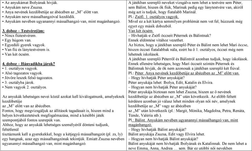 doboz Hányadikba járok? 1. osztályos vagyok. Alsó tagozatos vagyok. Jövőre leszek felső tagozatos. 3. osztályba járok. Nem vagyok 2. osztályos. Az anyukák lehetséges nevei közül azokat kell kiválogatnunk, amelyeknek kezdőbetűje az M előtt van az ábécében.