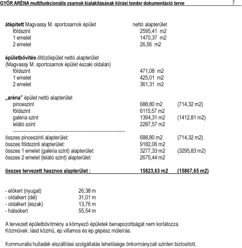 sportcsarnok épület északi oldalán) földszint 471,08 m2 1 emelet 425,01 m2 2 emelet 361,31 m2 aréna épület nettó alapterület pinceszint 688,80 m2 (714,32 m2) földszint 6115,57 m2 galéria szint