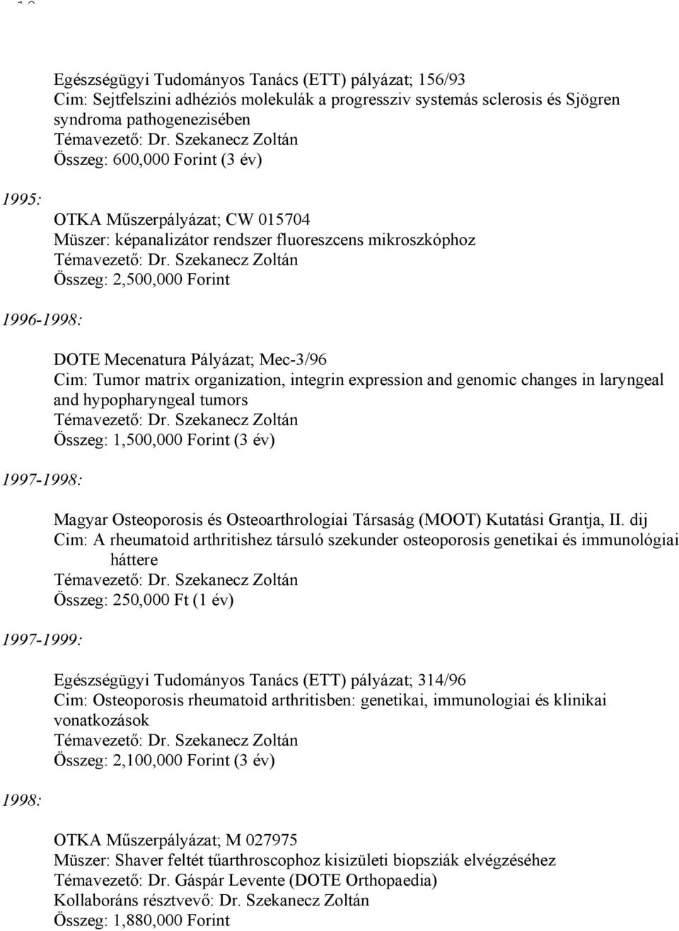Szekanecz Zoltán Összeg: 2,500,000 Forint 1996-1998: 1997-1998: 1997-1999: 1998: DOTE Mecenatura Pályázat; Mec-3/96 Cim: Tumor matrix organization, integrin expression and genomic changes in