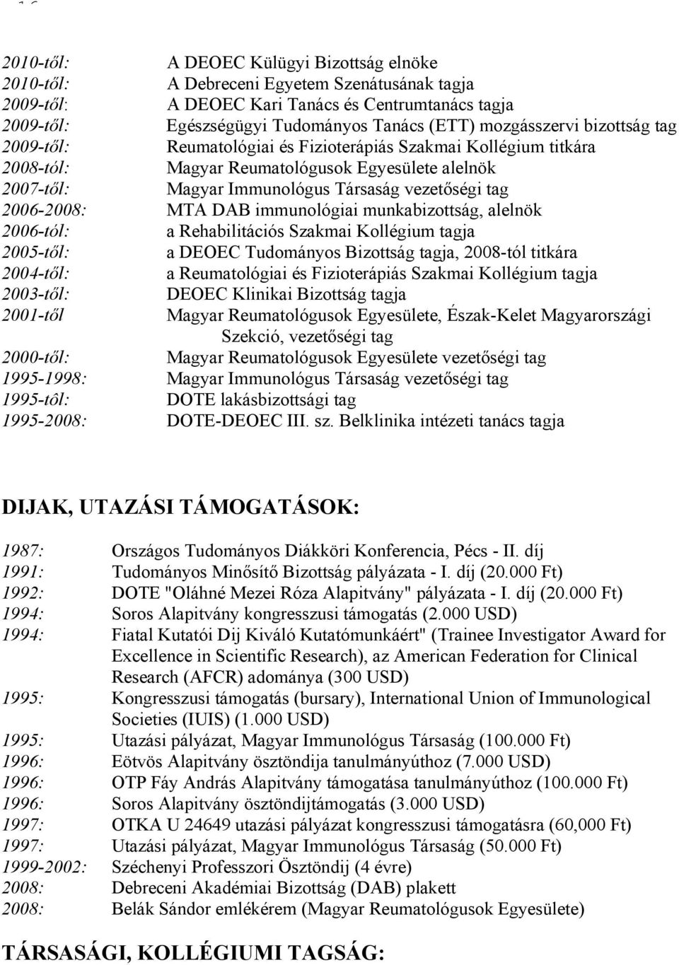 2006-2008: MTA DAB immunológiai munkabizottság, alelnök 2006-tól: a Rehabilitációs Szakmai Kollégium tagja 2005-től: a DEOEC Tudományos Bizottság tagja, 2008-tól titkára 2004-től: a Reumatológiai és