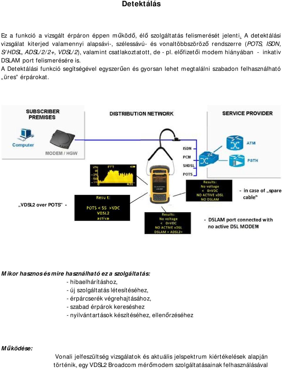 előfizetői modem hiányában - inkativ DSLAM port felismerésére is. A Detektálási funkció segítségével egyszerűen és gyorsan lehet megtalálni szabadon felhasználható üres érpárokat.