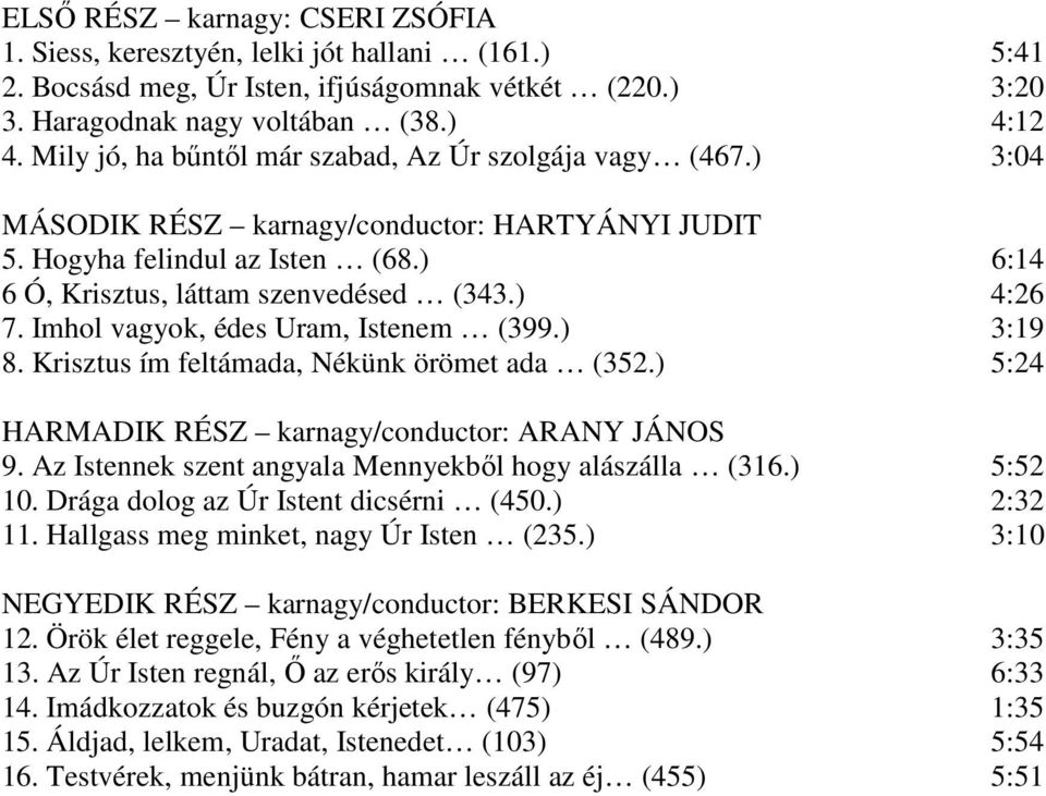 Imhol vagyok, édes Uram, Istenem (399.) 3:19 8. Krisztus ím feltámada, Nékünk örömet ada (352.) 5:24 HARMADIK RÉSZ karnagy/conductor: ARANY JÁNOS 9.