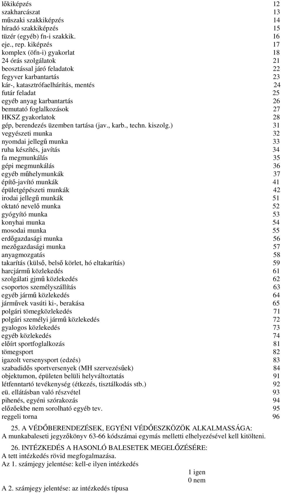 26 bemutató foglalkozások 27 HKSZ gyakorlatok 28 gép, berendezés üzemben tartása (jav., karb., techn. kiszolg.