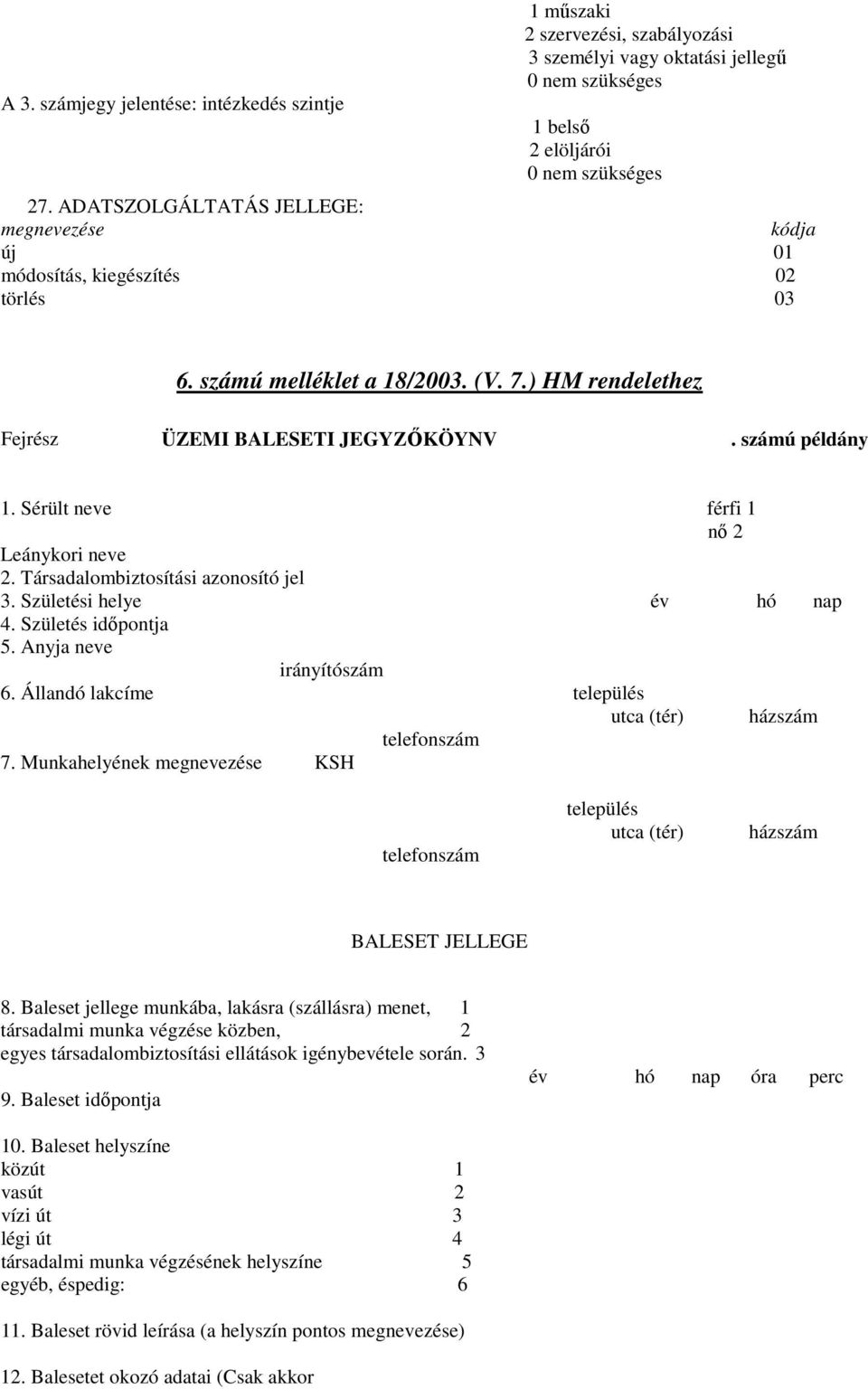 Sérült neve férfi 1 nı 2 Leánykori neve 2. Társadalombiztosítási azonosító jel 3. Születési helye év hó nap 4. Születés idıpontja 5. Anyja neve irányítószám 6.