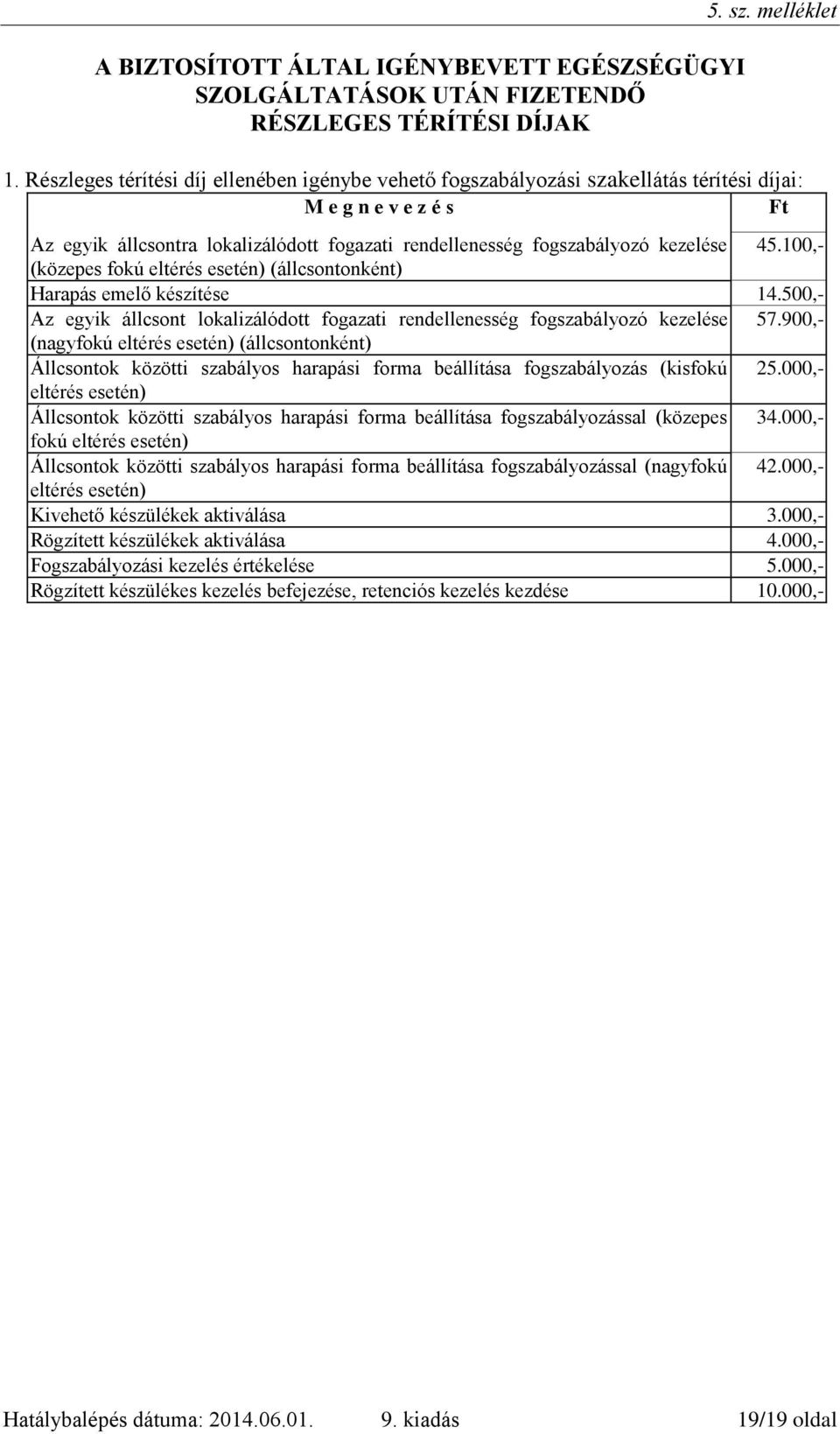 100,- (közepes fokú eltérés esetén) (állcsontonként) Harapás emelő készítése 14.500,- Az egyik állcsont lokalizálódott fogazati rendellenesség fogszabályozó kezelése 57.