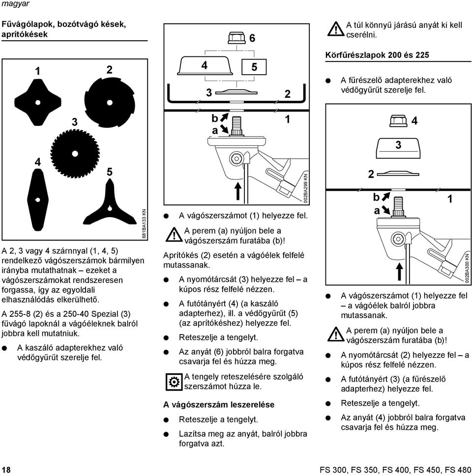 A 255-8 (2) és a 250-40 Spezial (3) fűvágó lapoknál a vágóéleknek balról jobbra kell mutatniuk. 4 3 5 A kaszáló adapterekhez való védőgyűrűt szerelje fel. 68BA33 K A vágószerszámot () helyezze fel.