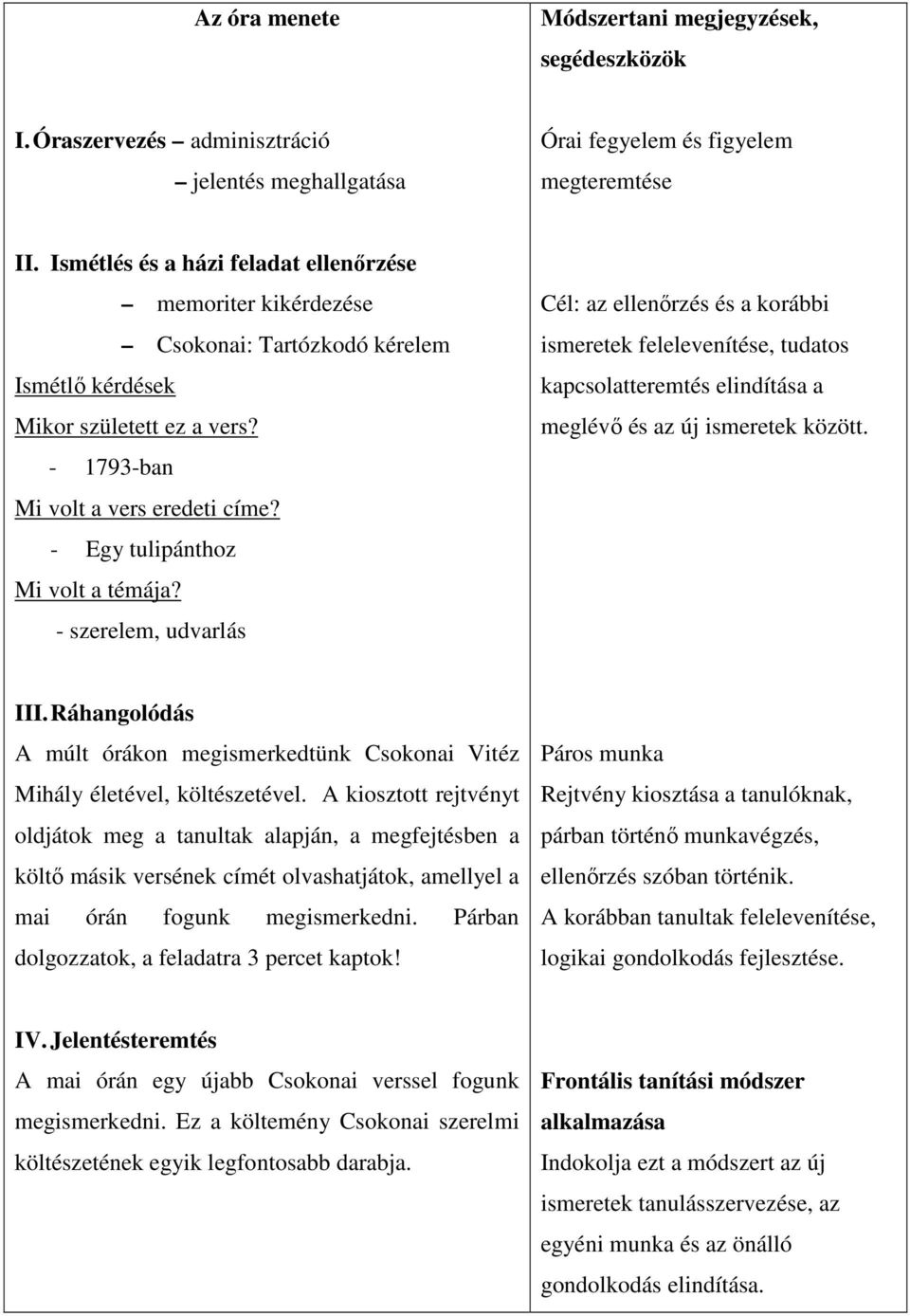 - Egy tulipánthoz Mi volt a témája? - szerelem, udvarlás Cél: az ellenırzés és a korábbi ismeretek felelevenítése, tudatos kapcsolatteremtés elindítása a meglévı és az új ismeretek között. III.