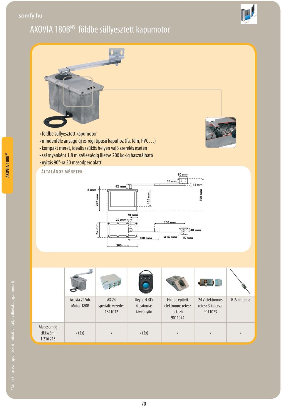 -ra 20 másodperc alatt ÁLTALÁNOS MÉRETEK Alapcsomag cikkszám: 1 216 213 Axovia 24 Vdc Motor 180B AX 24 speciális vezérlés 1841032 Keygo 4