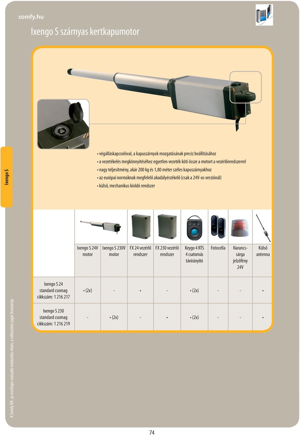 külső, mechanikus kioldó rendszer Ixengo S 24V motor Ixengo S 230V motor FX 24 vezérlő rendszer FX 230 vezérlő rendszer Keygo 4 RTS 4 csatornás távirányító Fotocella