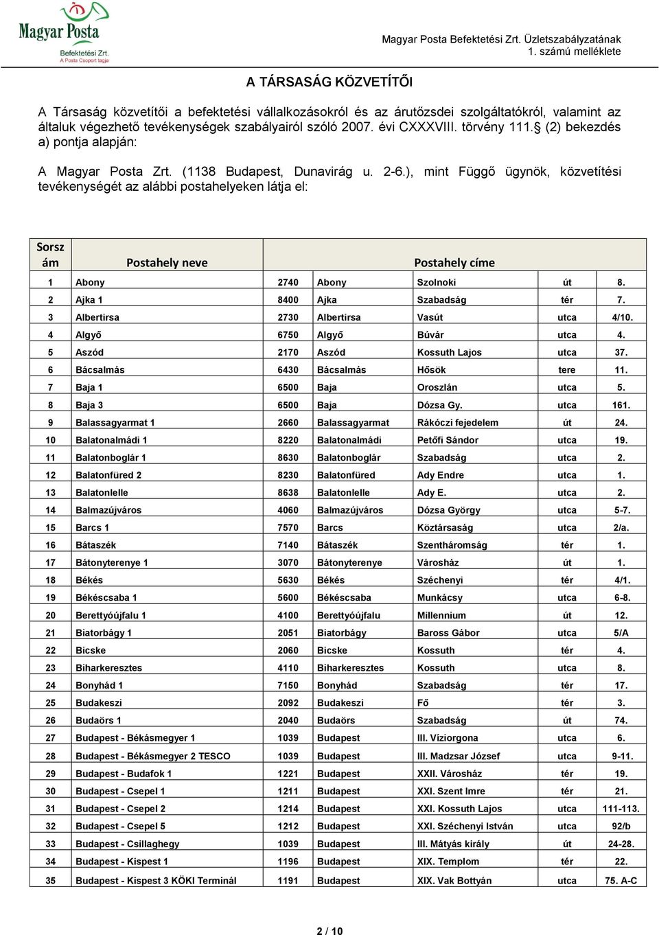 törvény 111. (2) bekezdés a) pontja alapján: A Magyar Posta Zrt. (1138 Budapest, Dunavirág u. 2-6.