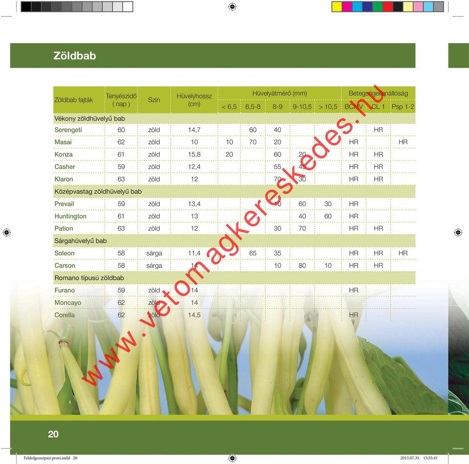 Középvastag zöldhüvelyû bab Prevail 59 zöld 13,4 10 60 30 HR Huntington 61 zöld 13 40 60 HR Pation 63 zöld 12 30 70 HR HR Sárgahüvelyû bab Soleon 58 sárga 11,4 65 35 HR