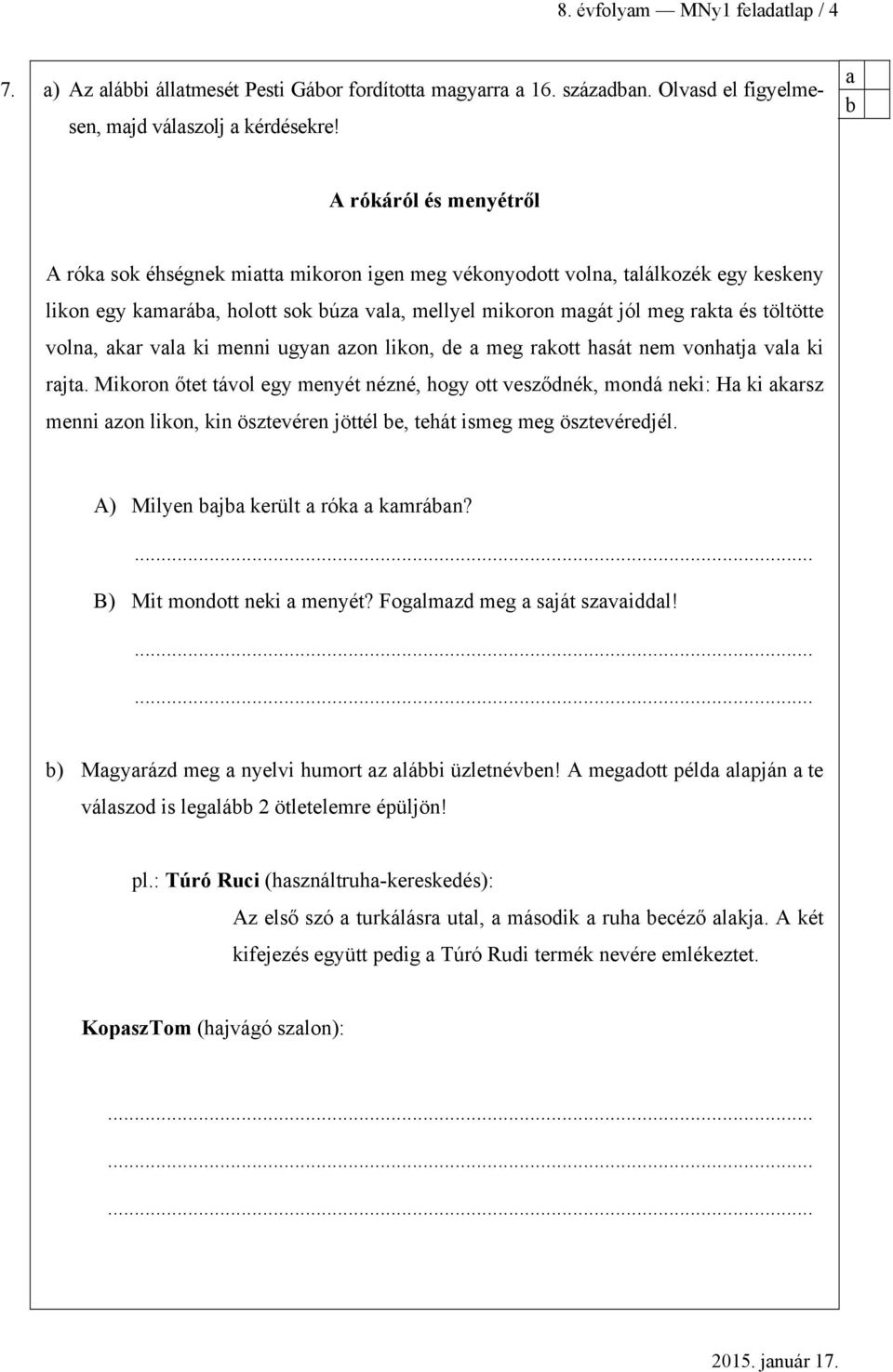 MAGYAR NYELVI FELADATLAP a 8. évfolyamosok számára - PDF Free Download