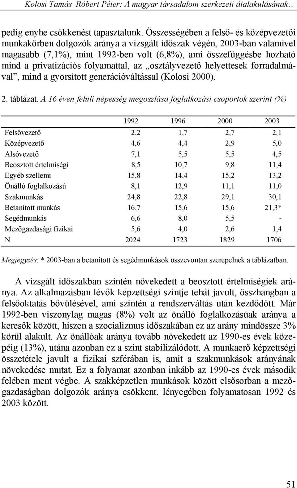 privatizációs folyamattal, az osztályvezető helyettesek forradalmával, mind a gyorsított generációváltással (Kolosi 2000). 2. táblázat.