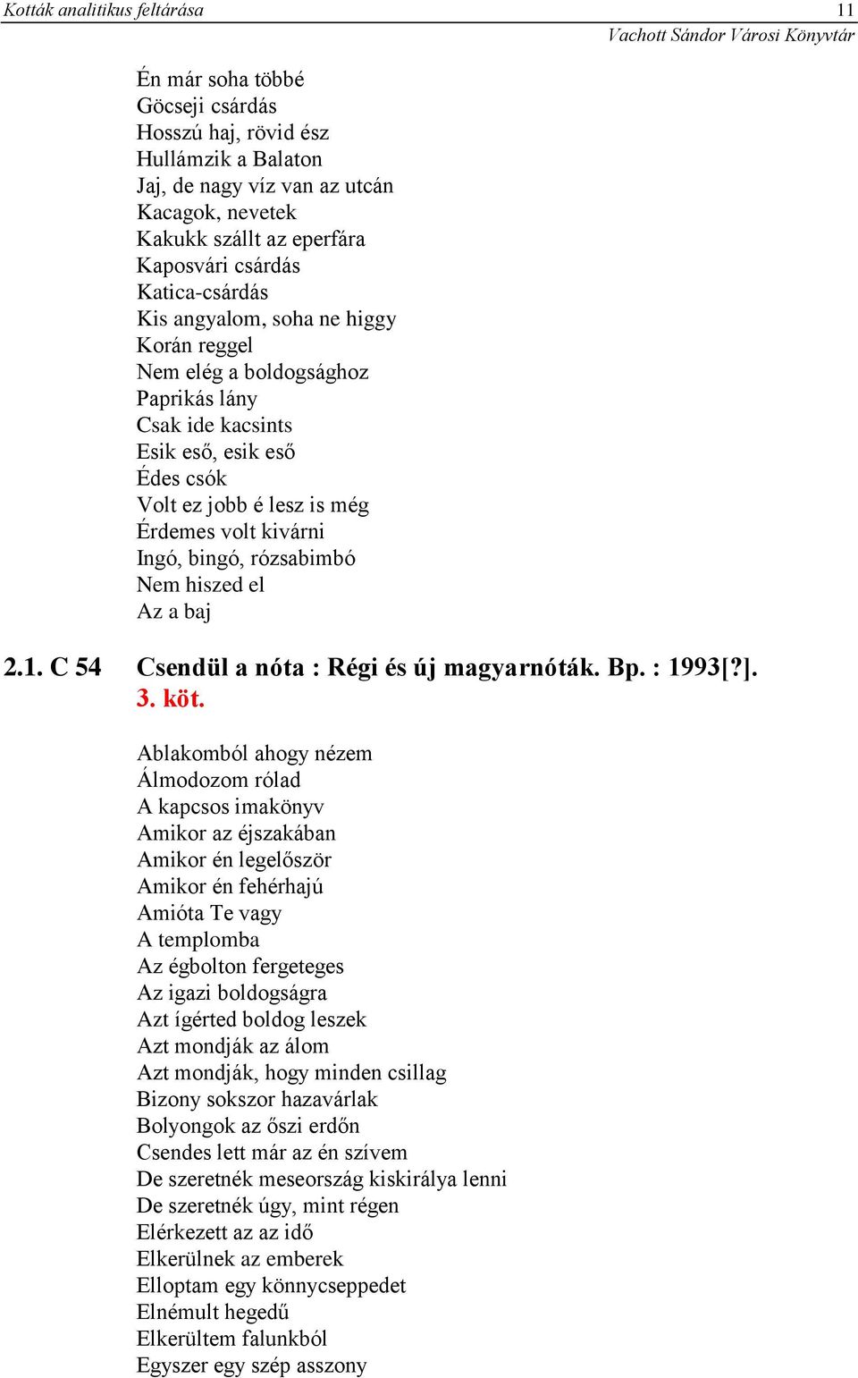 bingó, rózsabimbó Nem hiszed el Az a baj 2.1. C 54 Csendül a nóta : Régi és új magyarnóták. Bp. : 1993[?]. 3. köt.